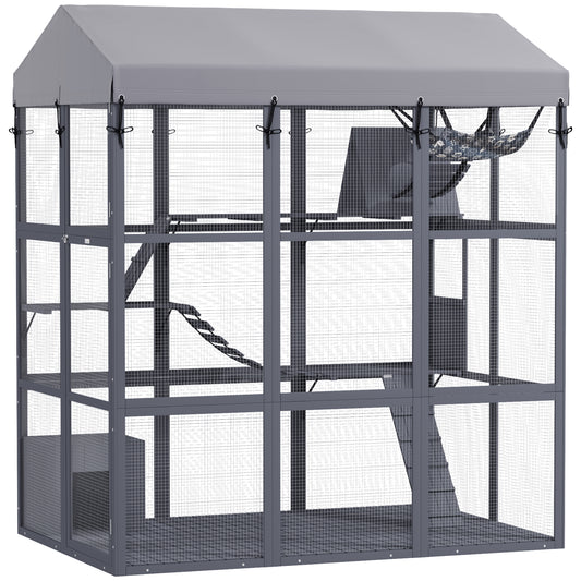 Large Cat House with Anti-Escape Floor, 81" H Wooden Catio Outdoor Cat Enclosure with Waterproof Cover, Walk in Door, Condo, Hammock, Ramp, Bridge, for 2-4 Cats