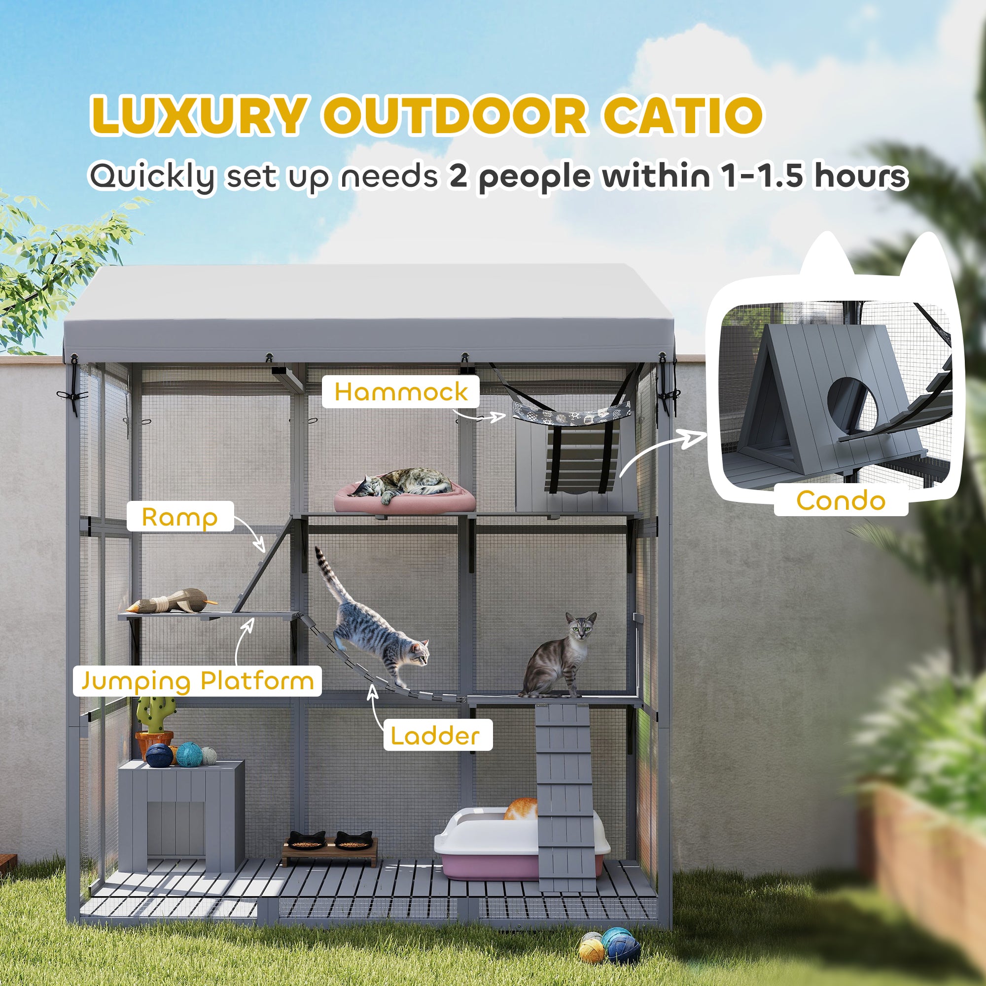 Large Cat House with Anti-Escape Floor, 81" H Wooden Catio Outdoor Cat Enclosure with Waterproof Cover, Walk in Door, Condo, Hammock, Ramp, Bridge, for 2-4 Cats