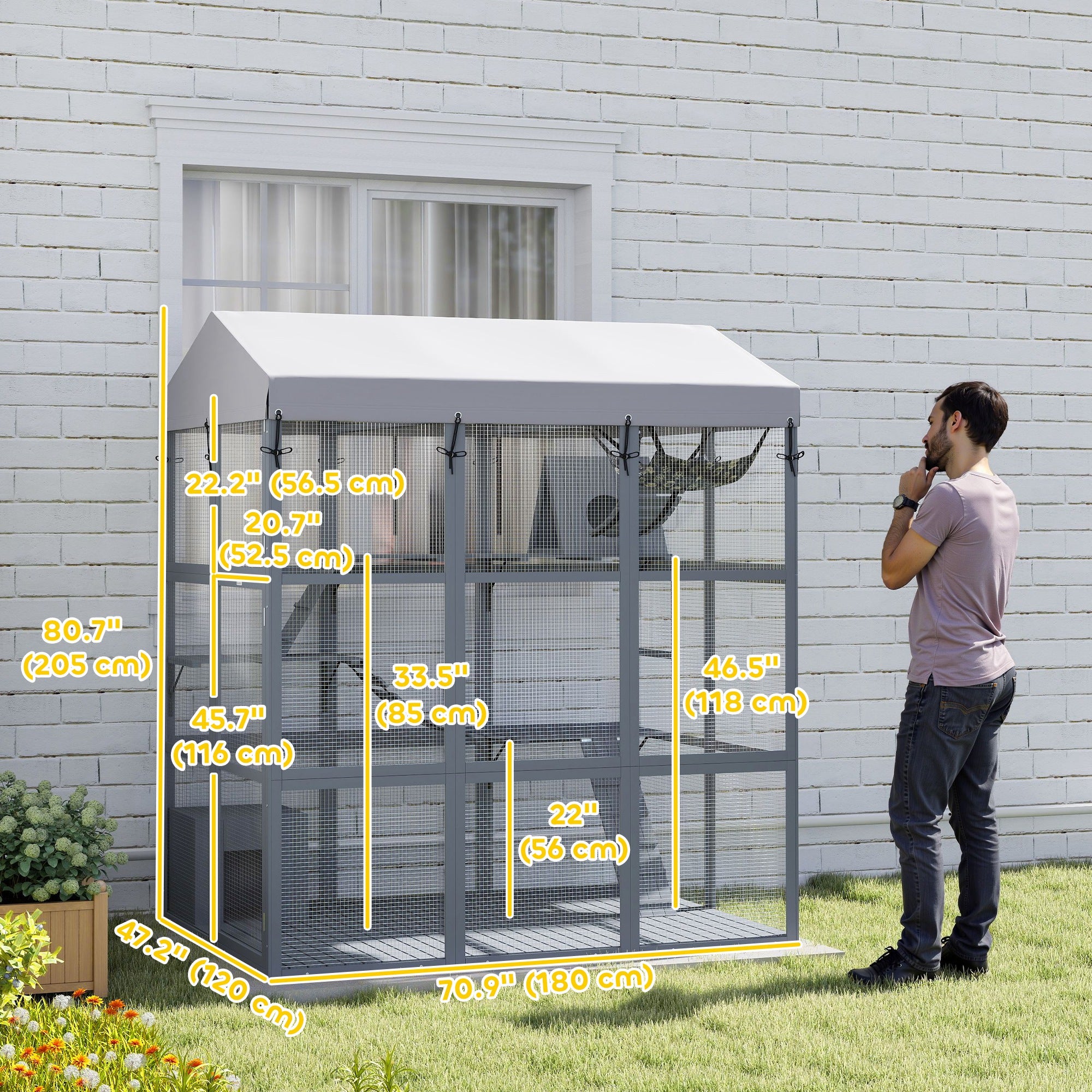 Large Cat House with Anti-Escape Floor, 81" H Wooden Catio Outdoor Cat Enclosure with Waterproof Cover, Walk in Door, Condo, Hammock, Ramp, Bridge, for 2-4 Cats