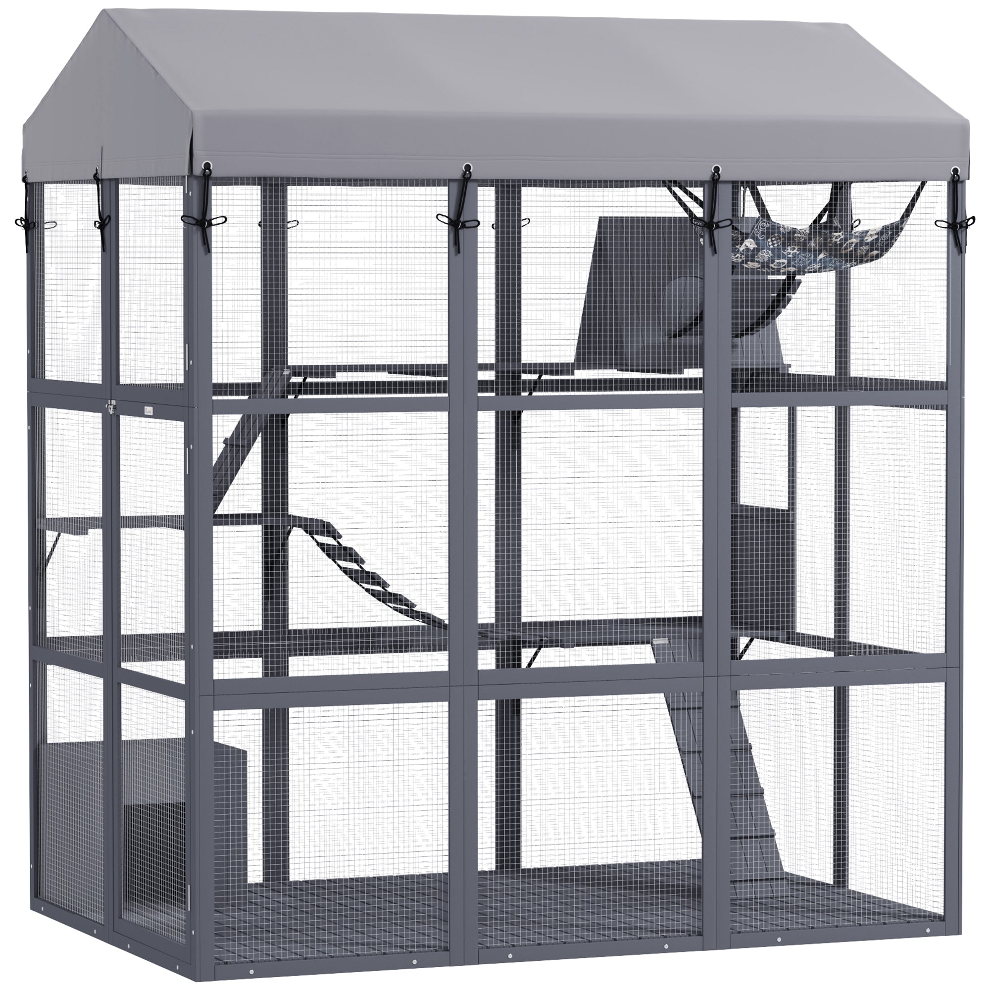 Large Cat House with Anti-Escape Floor, 81" H Wooden Catio Outdoor Cat Enclosure with Waterproof Cover, Walk in Door, Condo, Hammock, Ramp, Bridge, for 2-4 Cats