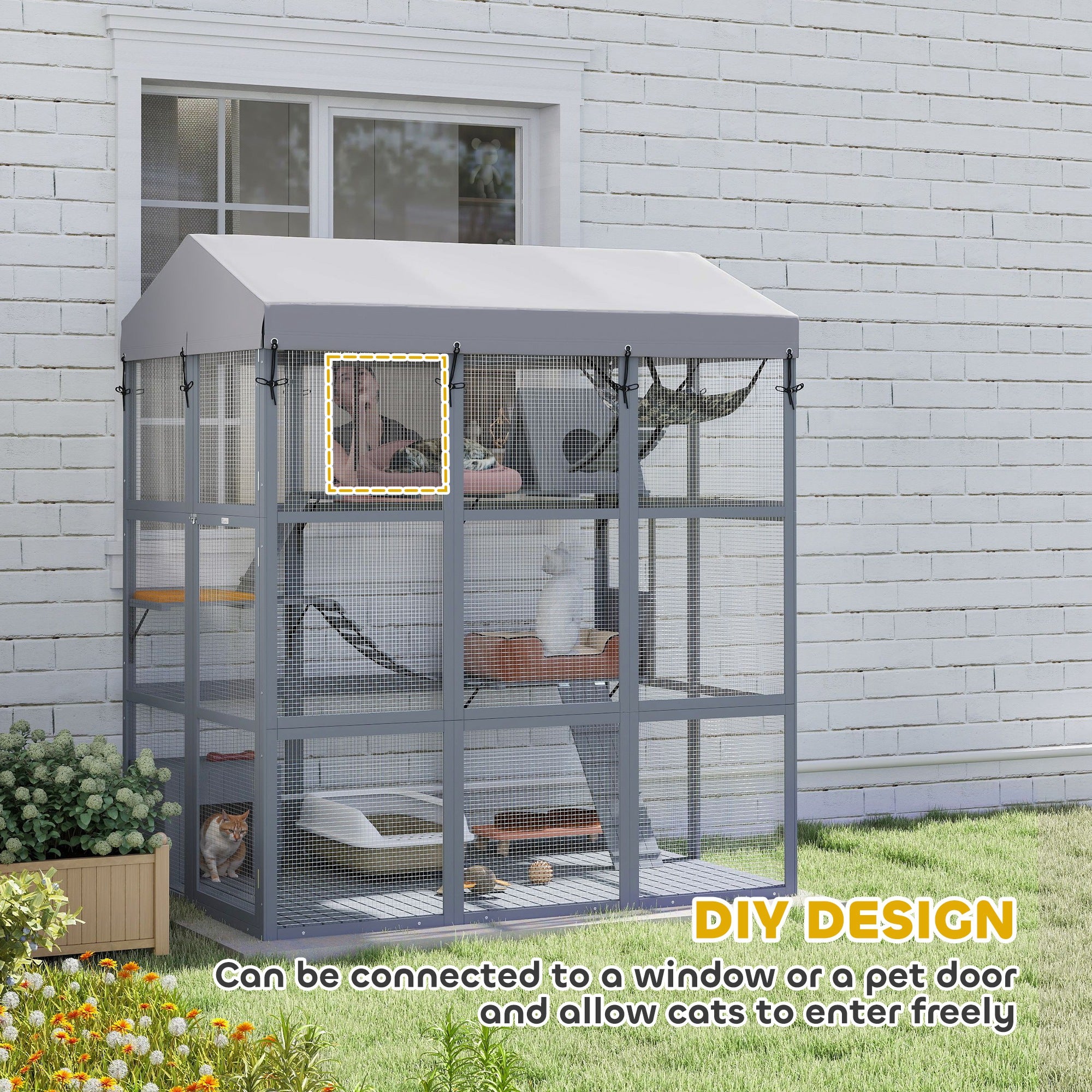 Large Cat House with Anti-Escape Floor, 81" H Wooden Catio Outdoor Cat Enclosure with Waterproof Cover, Walk in Door, Condo, Hammock, Ramp, Bridge, for 2-4 Cats