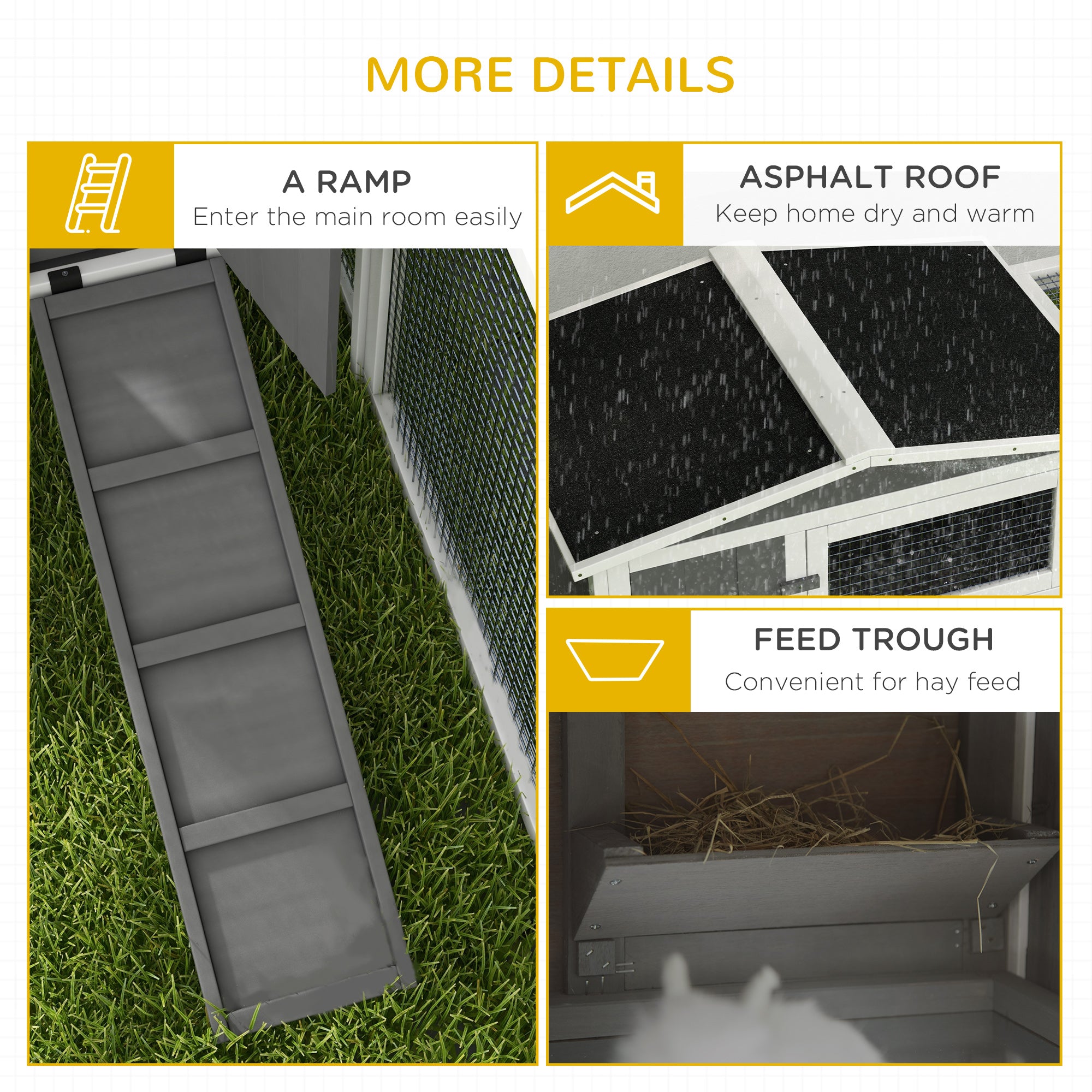 61'' L 2-Story Rabbit Hutch Bunny Cage Small Animal House with Pull Out Tray, Detachable Run, Ramp, for Indoor Outdoor, Light Grey