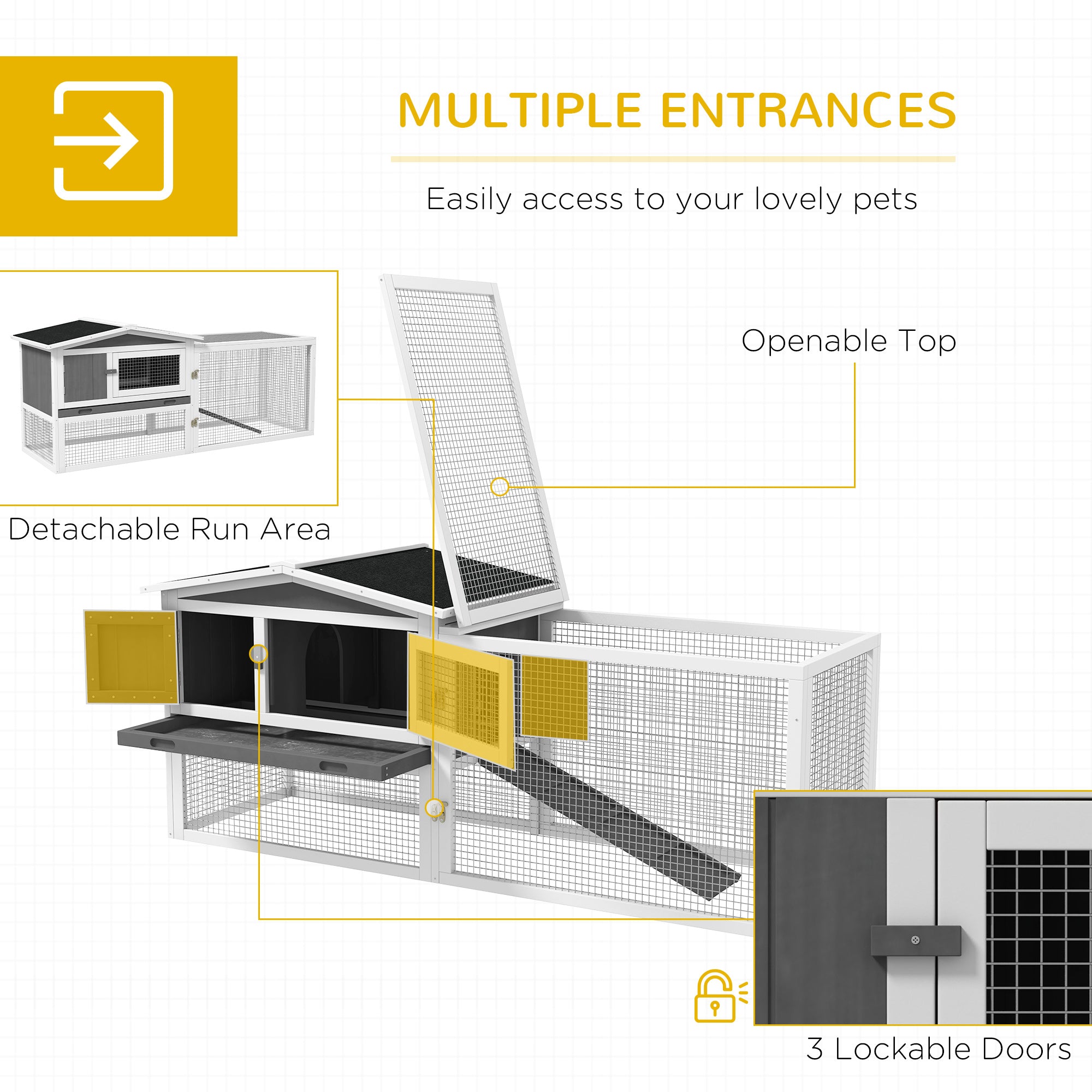 61'' L 2-Story Rabbit Hutch Bunny Cage Small Animal House with Pull Out Tray, Detachable Run, Ramp, for Indoor Outdoor, Light Grey