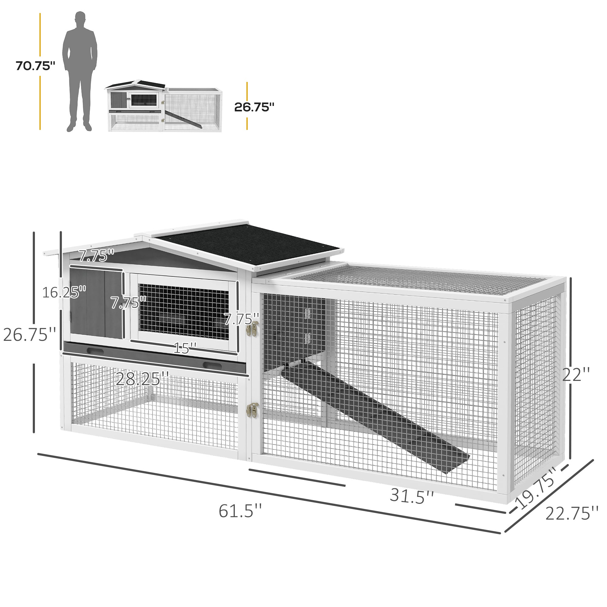 PawHut Rabbit Hutch 2-Story Bunny Cage, Guinea Pig Cage, Small Animal House with Slide Out Tray, for Indoor Outdoor, 61.5" x 23" x 27", Light Gray