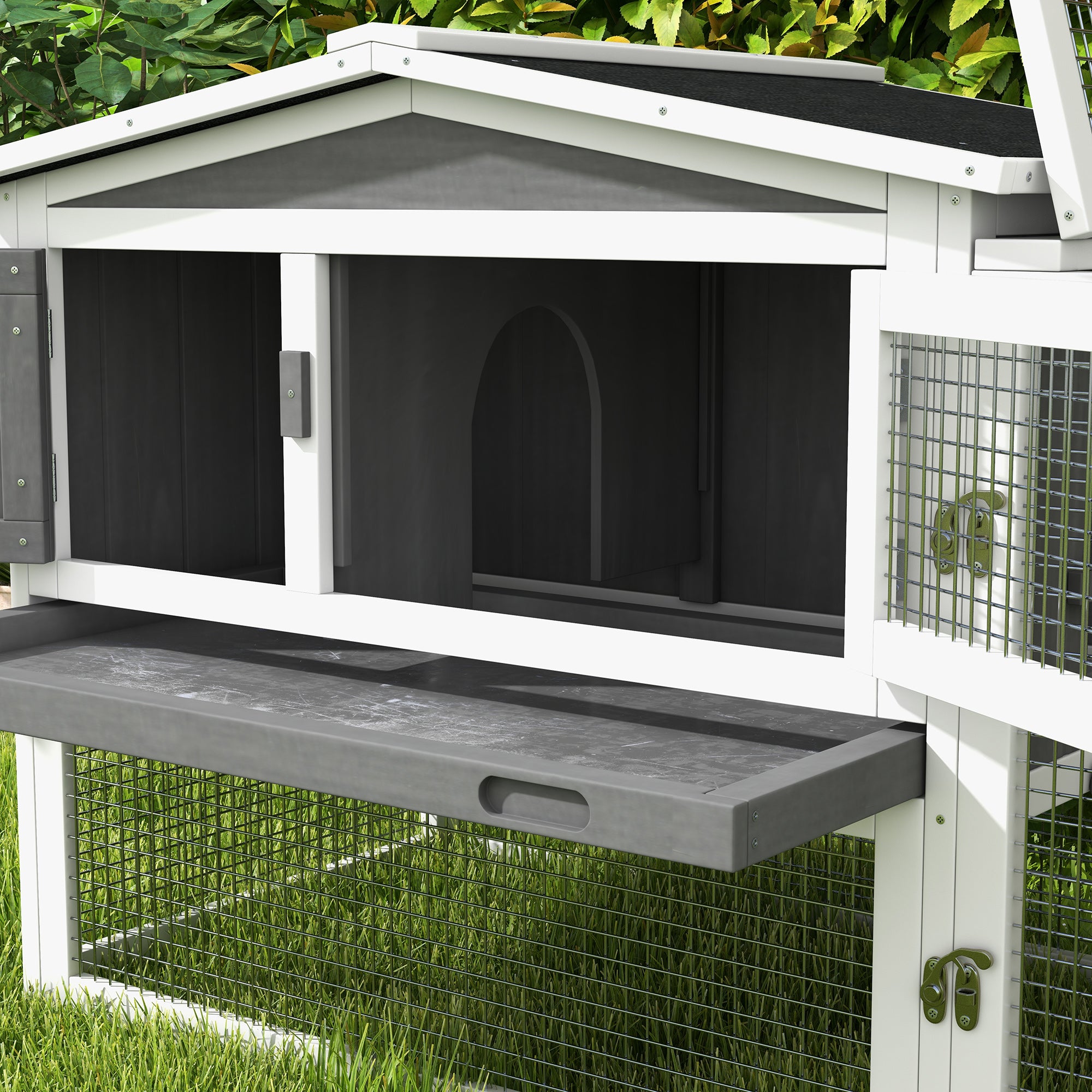61'' L 2-Story Rabbit Hutch Bunny Cage Small Animal House with Pull Out Tray, Detachable Run, Ramp, for Indoor Outdoor, Light Grey