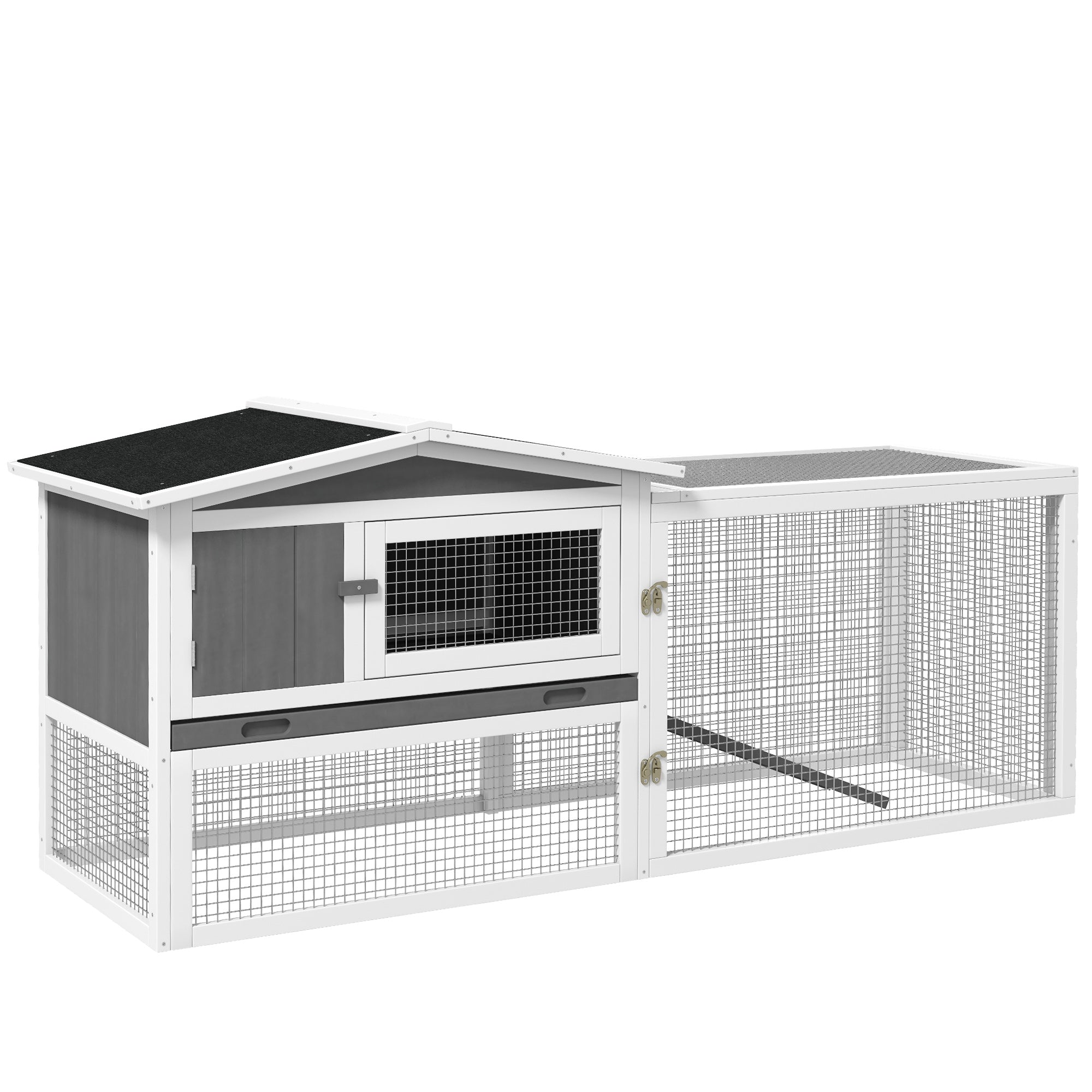 61'' L 2-Story Rabbit Hutch Bunny Cage Small Animal House with Pull Out Tray, Detachable Run, Ramp, for Indoor Outdoor, Light Grey