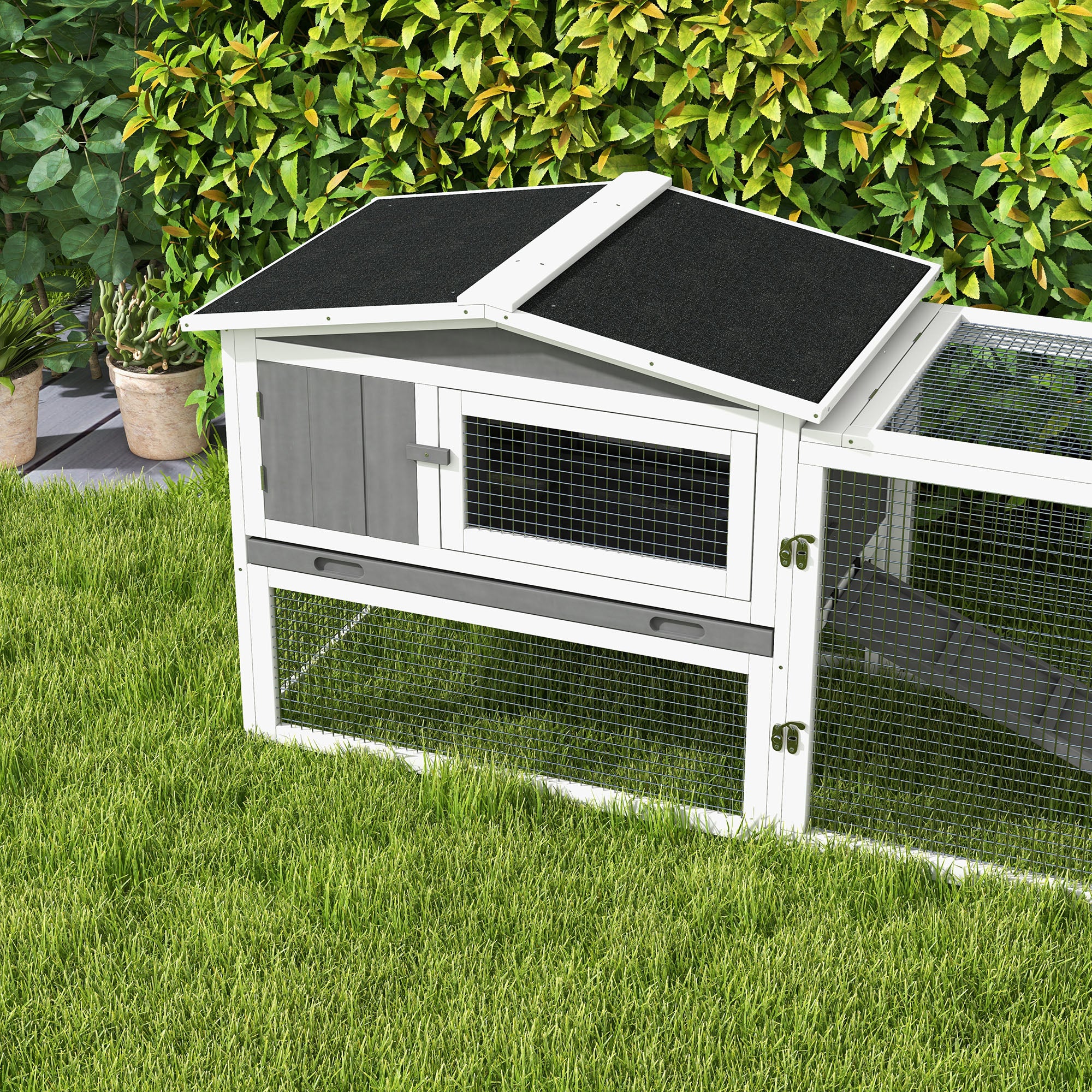 PawHut Rabbit Hutch 2-Story Bunny Cage, Guinea Pig Cage, Small Animal House with Slide Out Tray, for Indoor Outdoor, 61.5" x 23" x 27", Light Gray