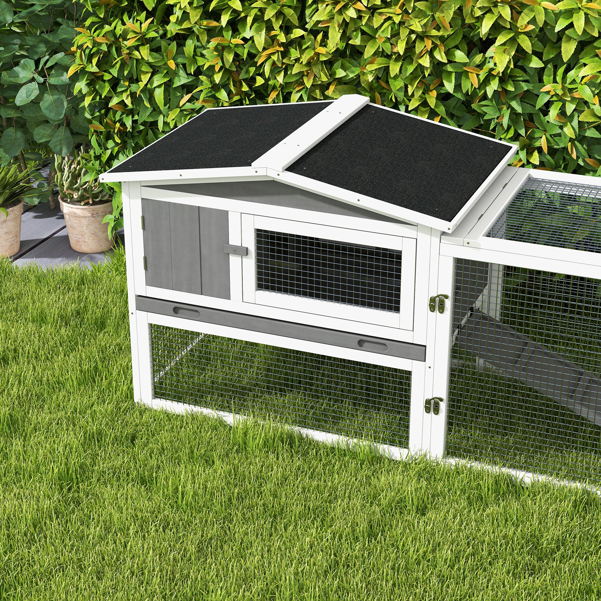 61'' L 2-Story Rabbit Hutch Bunny Cage Small Animal House with Pull Out Tray, Detachable Run, Ramp, for Indoor Outdoor, Light Grey