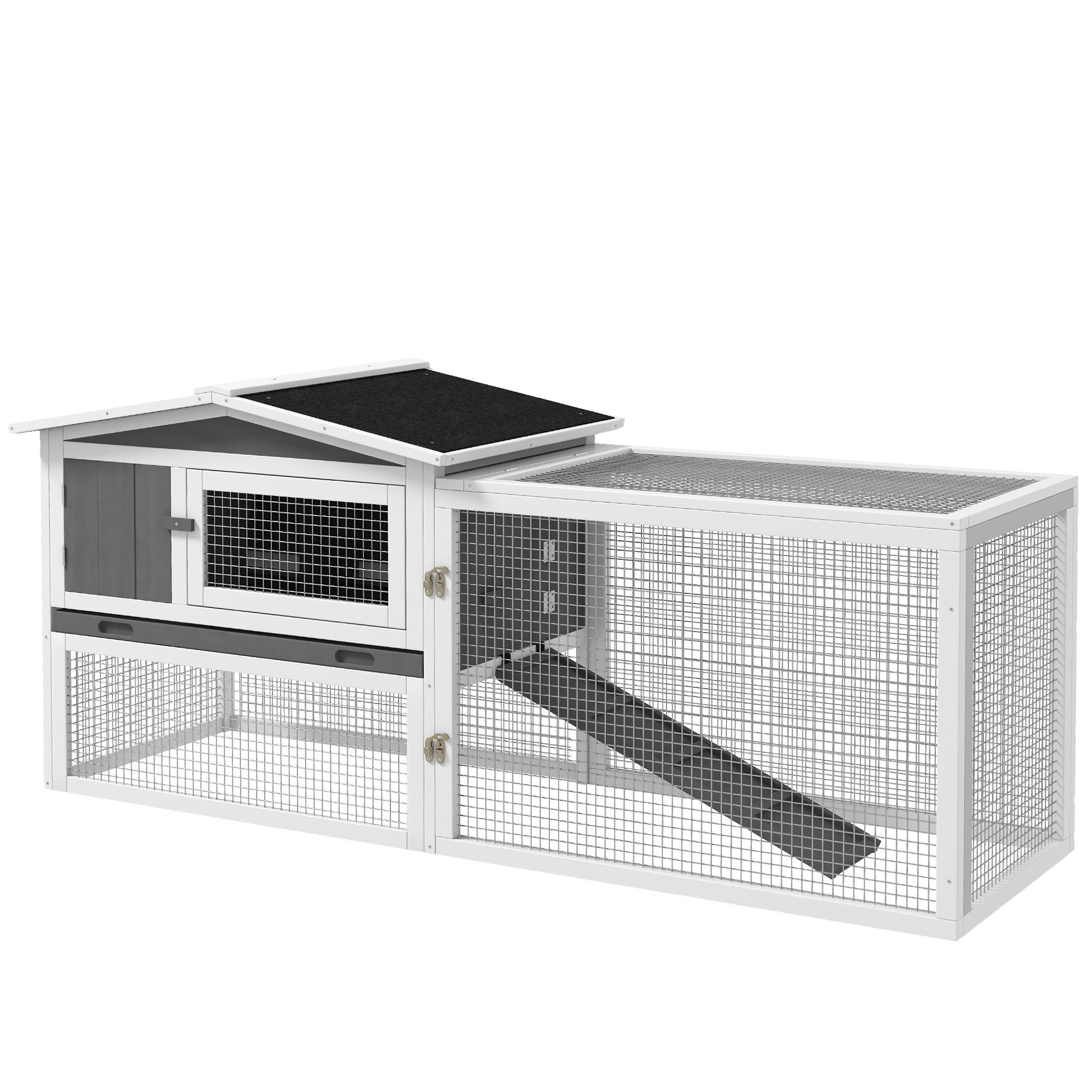 61'' L 2-Story Rabbit Hutch Bunny Cage Small Animal House with Pull Out Tray, Detachable Run, Ramp, for Indoor Outdoor, Light Grey