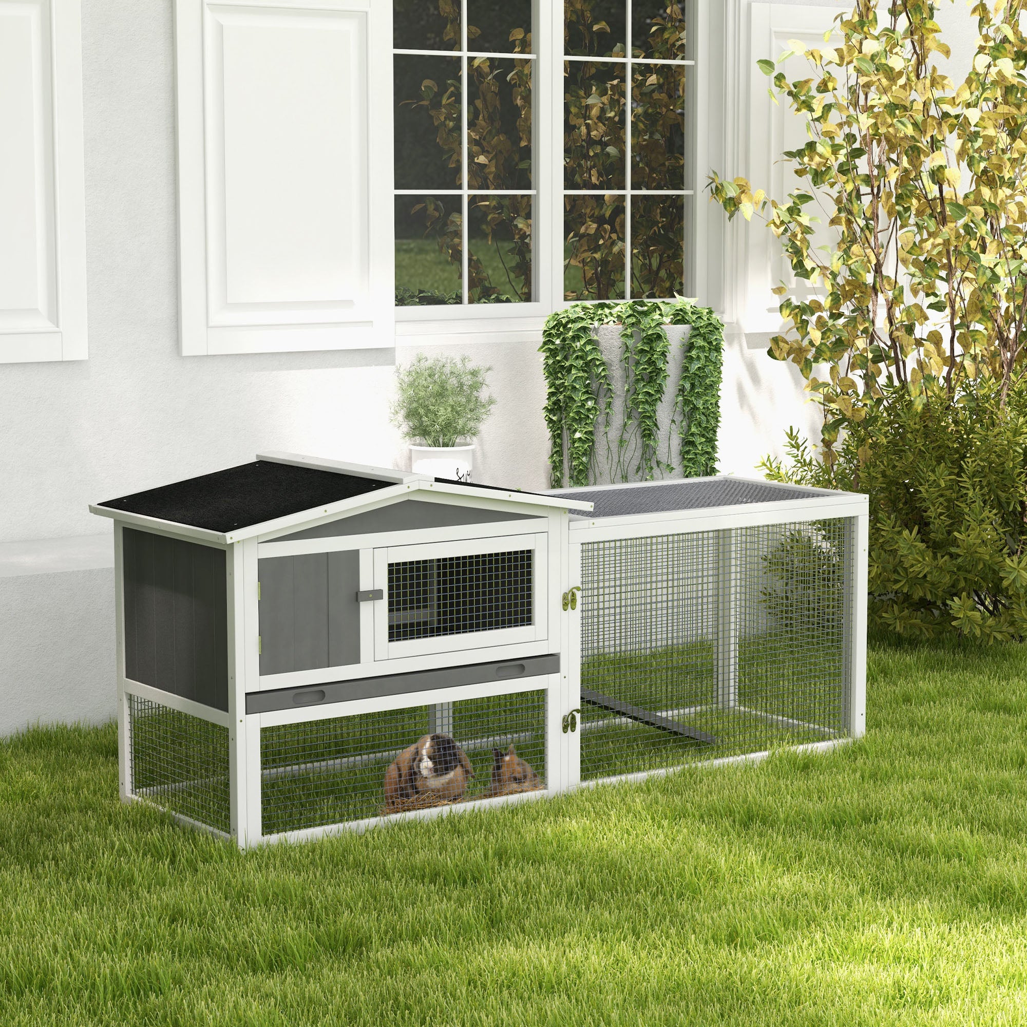 61'' L 2-Story Rabbit Hutch Bunny Cage Small Animal House with Pull Out Tray, Detachable Run, Ramp, for Indoor Outdoor, Light Grey