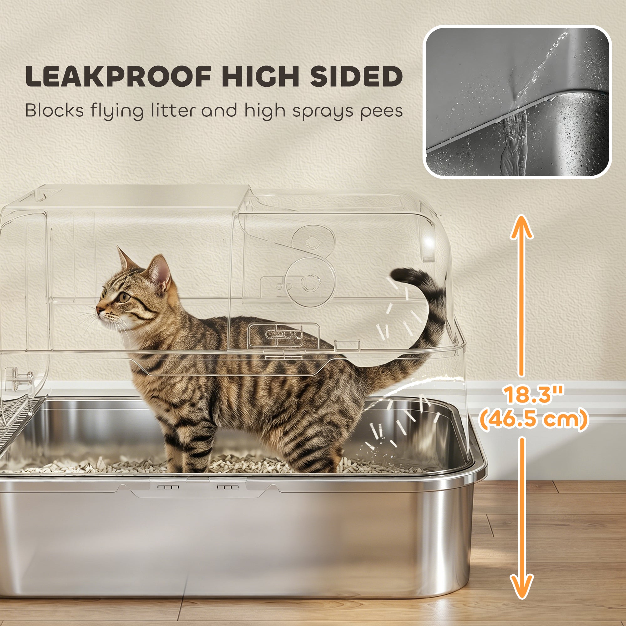 Stainless Steel Cat Litter Box with Lid, XXL Enclosed Cat Litter Box for Big Cats with High Sides, Double Doors, Scoop, Odor Control, Anti-Leaking, Easy Clean, Black