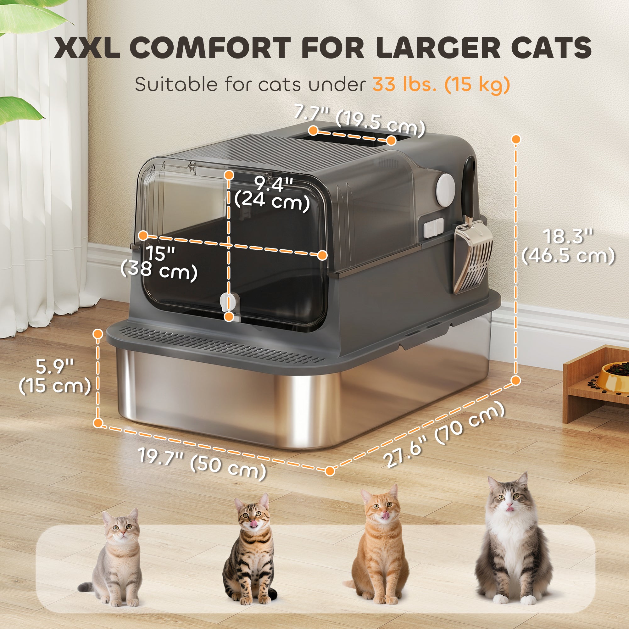 Stainless Steel Cat Litter Box with Lid, XXL Enclosed Cat Litter Box for Big Cats with High Sides, Double Doors, Scoop, Odor Control, Anti-Leaking, Easy Clean, Black