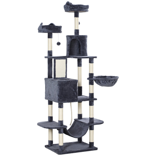 Cat Tree, 206cm Cat Tower with Sisal Scratching Posts and Board, Beds, Condos, Platforms, Hammocks, Toy Balls & Rope, Anti-Tip Kit, Kitten Activity Centre for Indoor, Dark Grey