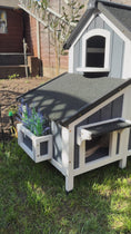 Load and play video in Gallery viewer, Wooden Cat House with Flower Pot, Windows, Multiple Entrances, Water-Resistant Roof, Grey
