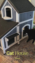 Load and play video in Gallery viewer, Wooden Cat House with Flower Pot, Windows, Multiple Entrances, Water-Resistant Roof, Grey
