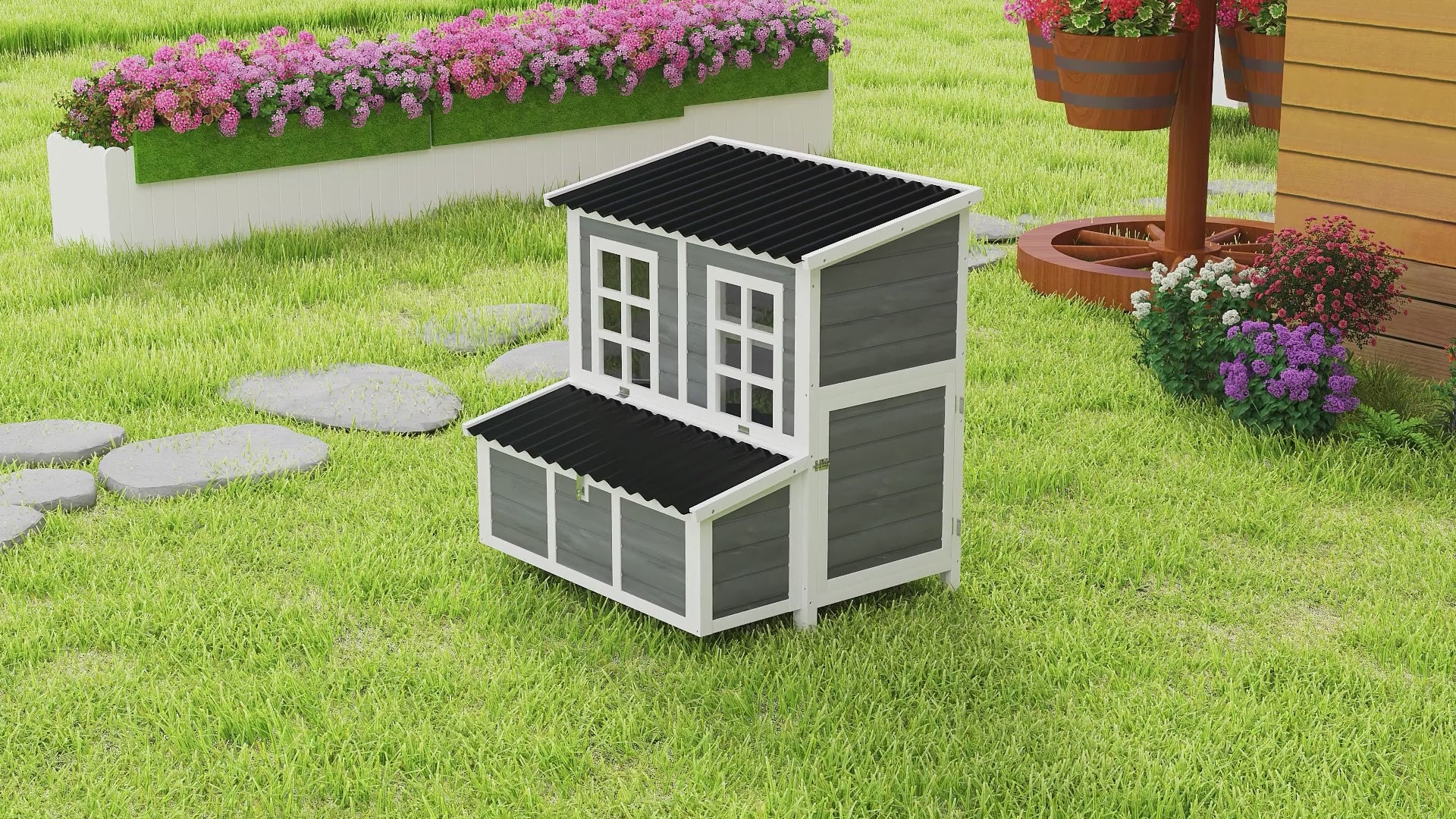 Chicken Coop with Nesting Box, Pull-Out Tray & Waterproof Roof, Light Grey