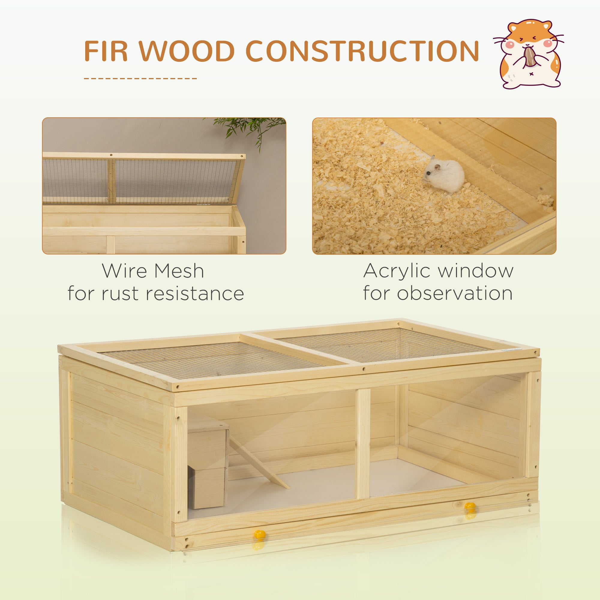 Wooden Hamster Cage, Small Animal Cage with Sliding Tray, Openable Top, Hut, Exercise Play House for Syrian Hamsters, Natural Wood Finish