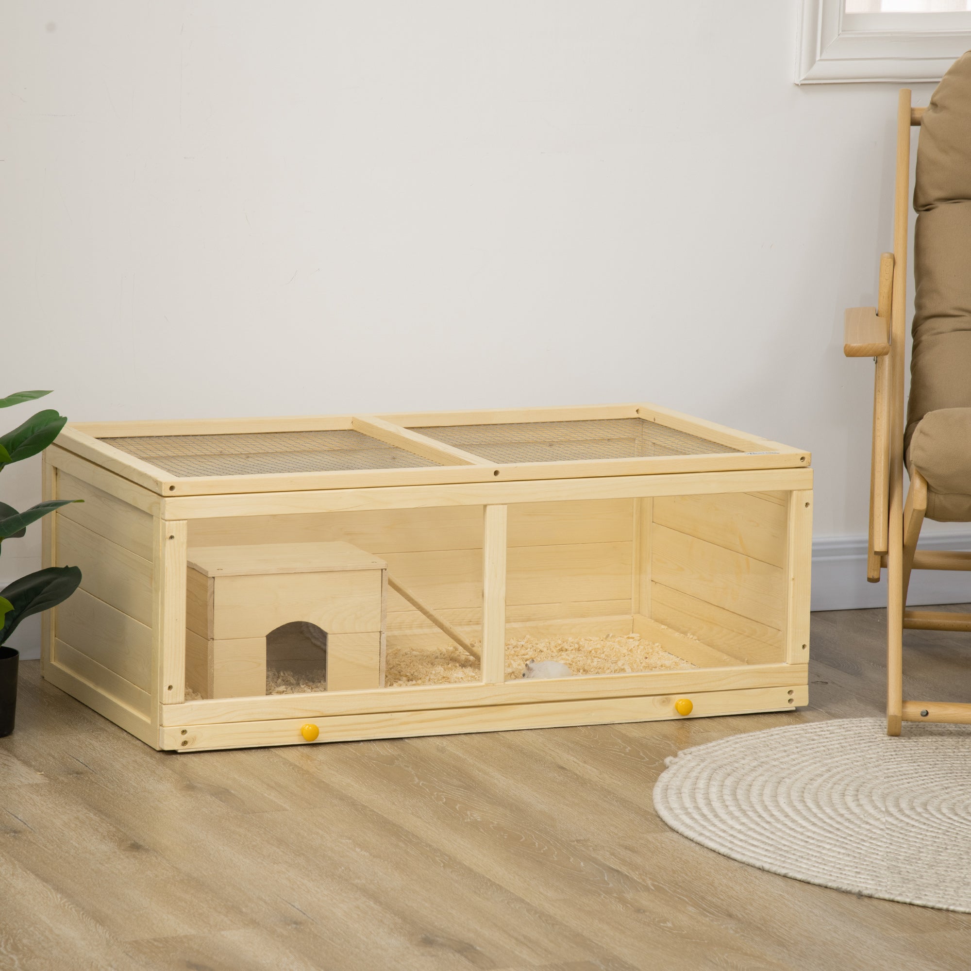 Wooden Hamster Cage, Small Animal Cage with Sliding Tray, Openable Top, Hut, Exercise Play House for Syrian Hamsters, Natural Wood Finish