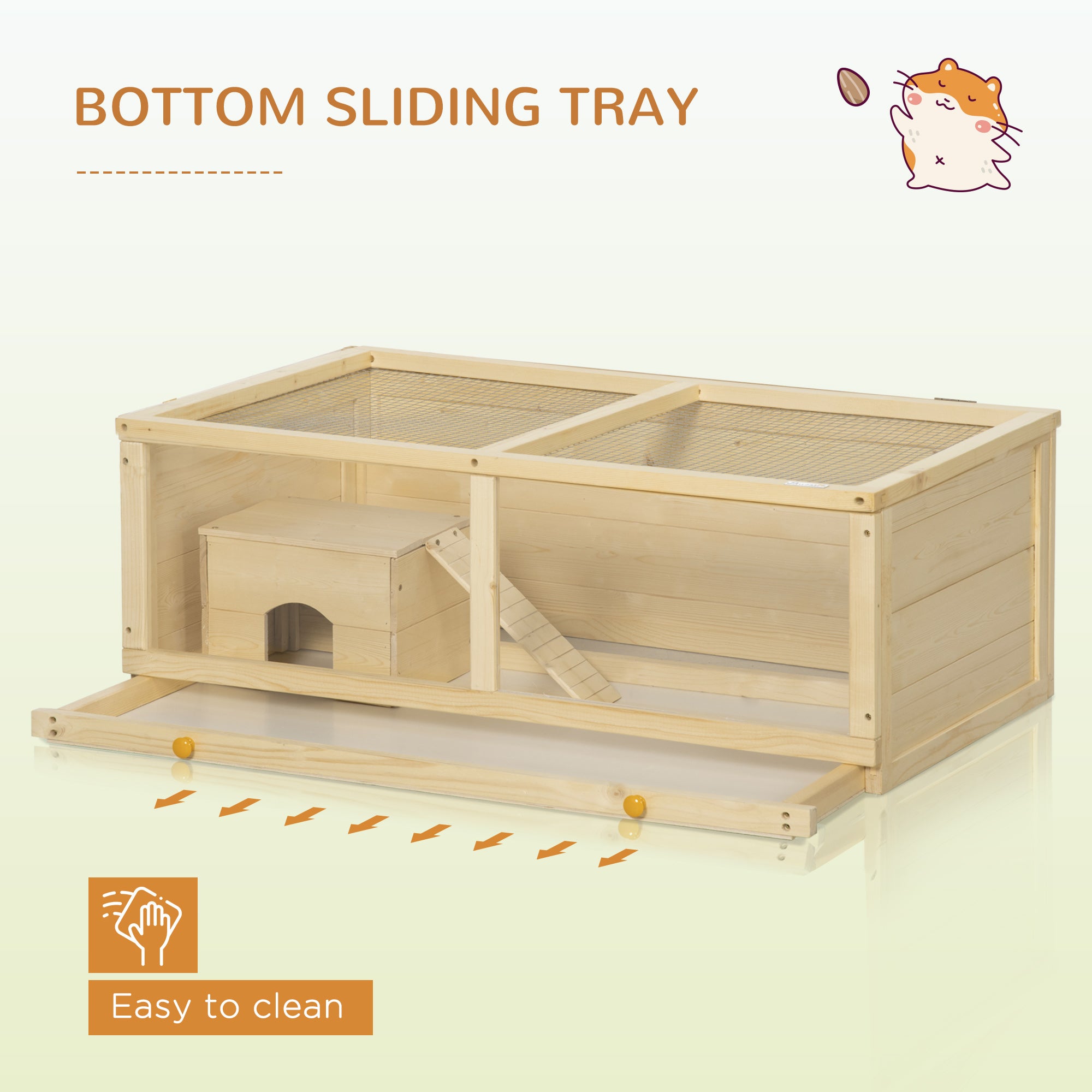 Wooden Hamster Cage, Small Animal Cage with Sliding Tray, Openable Top, Hut, Exercise Play House for Syrian Hamsters, Natural Wood Finish