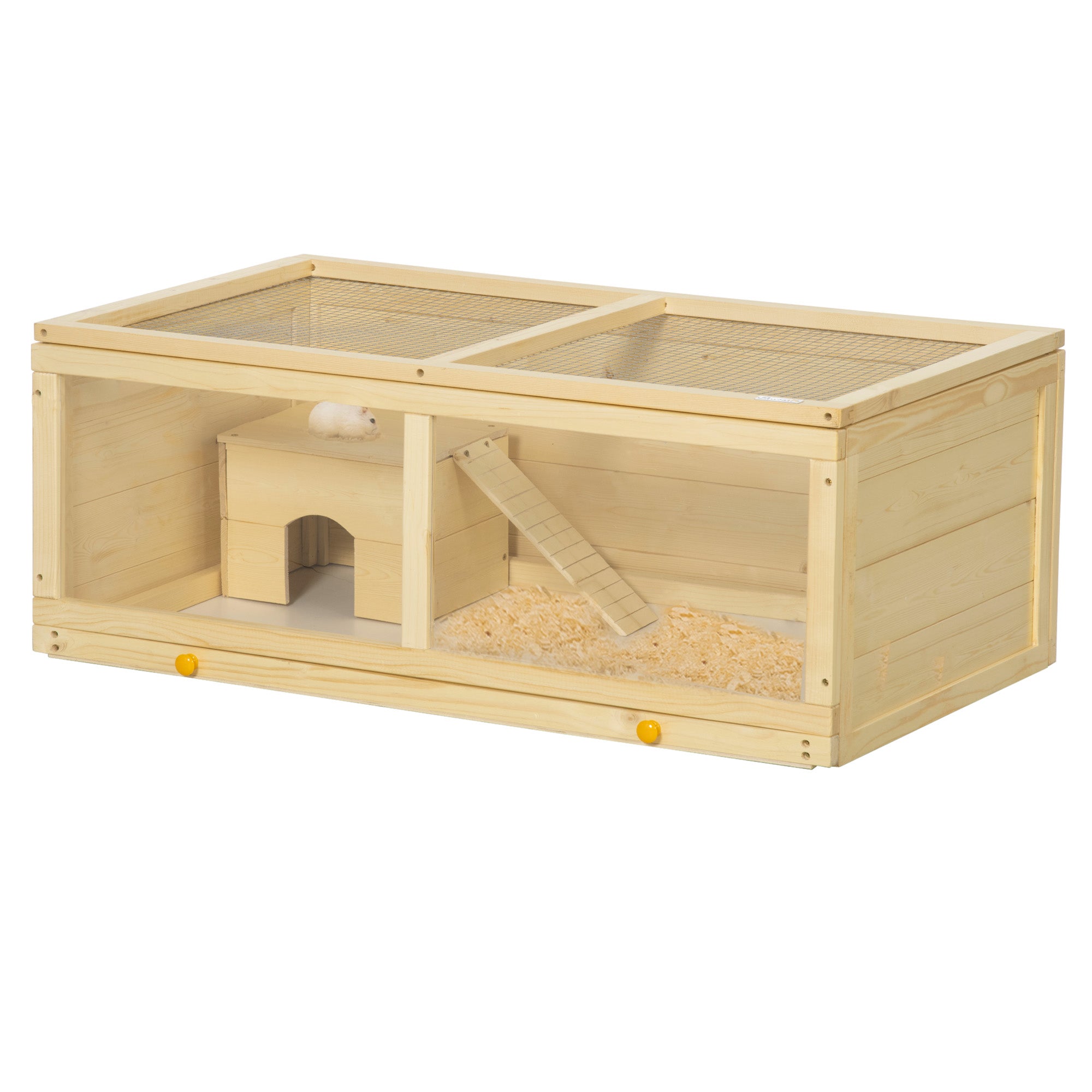 Wooden Hamster Cage, Small Animals Kit Hutch, Exercise Play House for Dwarf Hamsters, Gerbils, Chinchillas, Guinea Pigs, Bunnies, with Sliding Tray, Natural Wood