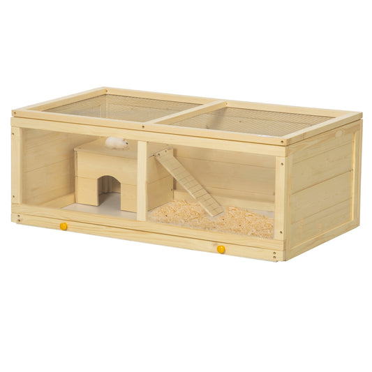 Wooden Hamster Cage, Small Animals Kit Hutch, Exercise Play House for Dwarf Hamsters, Gerbils, Chinchillas, Guinea Pigs, Bunnies, with Sliding Tray, Natural Wood