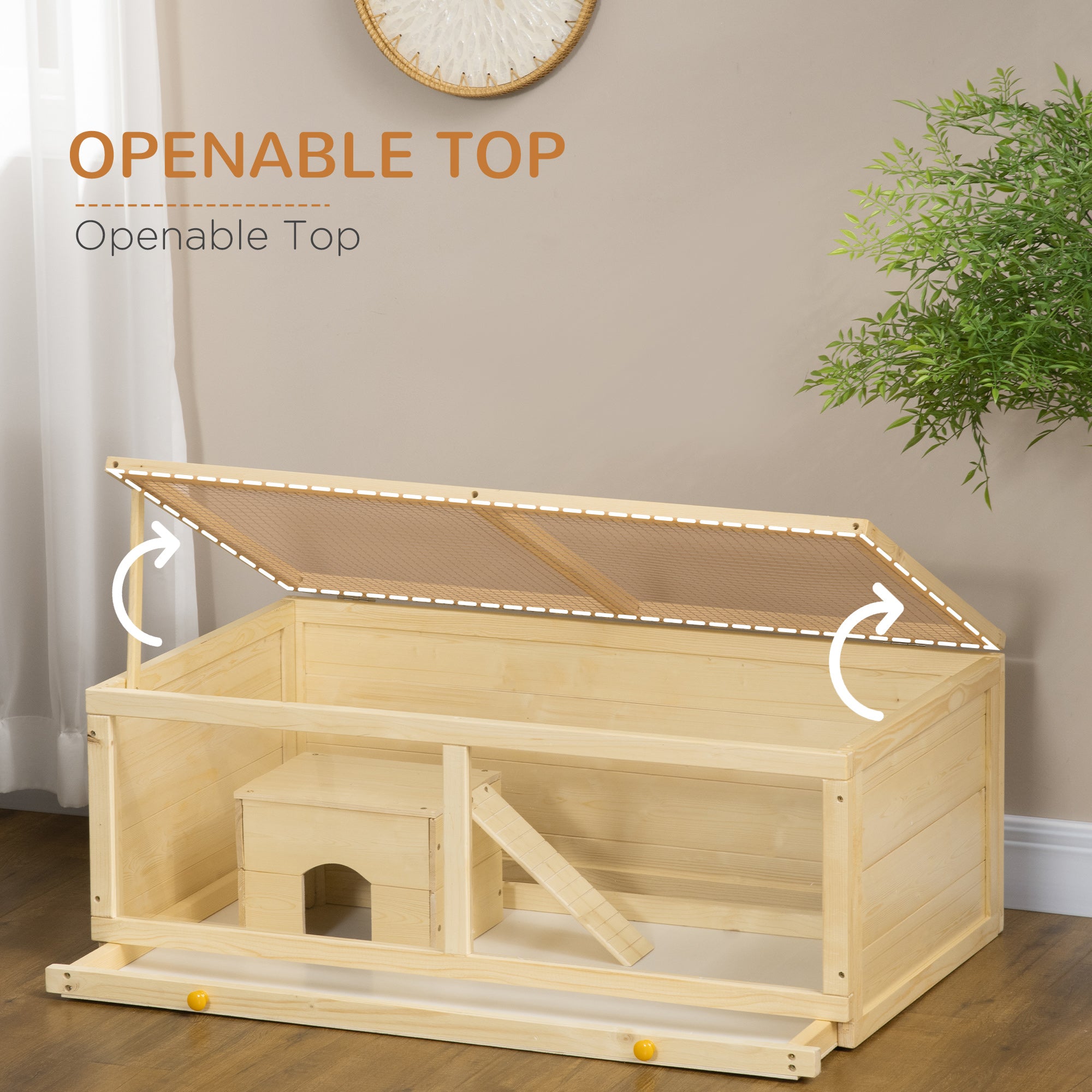 Wooden Hamster Cage, Small Animal Cage with Sliding Tray, Openable Top, Hut, Exercise Play House for Syrian Hamsters, Natural Wood Finish