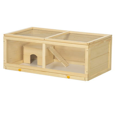 Wooden Hamster Cage, Small Animal Cage with Sliding Tray, Openable Top, Hut, Exercise Play House for Syrian Hamsters, Natural Wood Finish
