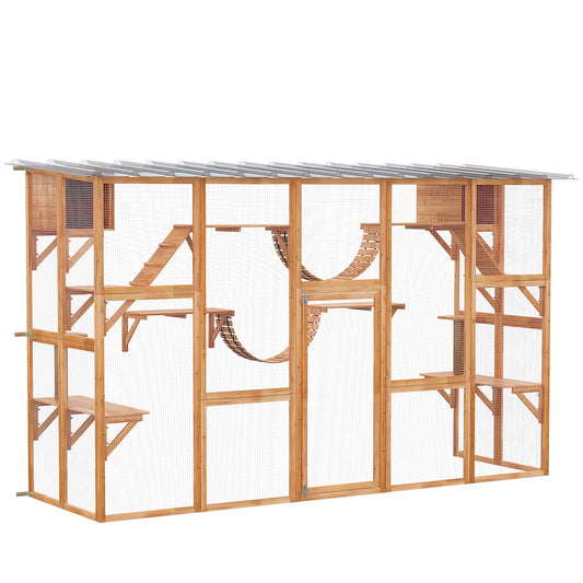 Catio, Large Outdoor Cat Enclosure with Cat Condos, Platforms, Ladders, Doors, Weather-Resistant Roof, Wooden Cat Cage for 1-4 Cats, Orange