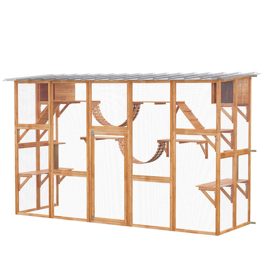 Catio, Large Outdoor Cat Enclosure with Cat Condos, Platforms, Ladders, Doors, Weather-Resistant Roof, Wooden Cat Cage for 1-4 Cats, Orange