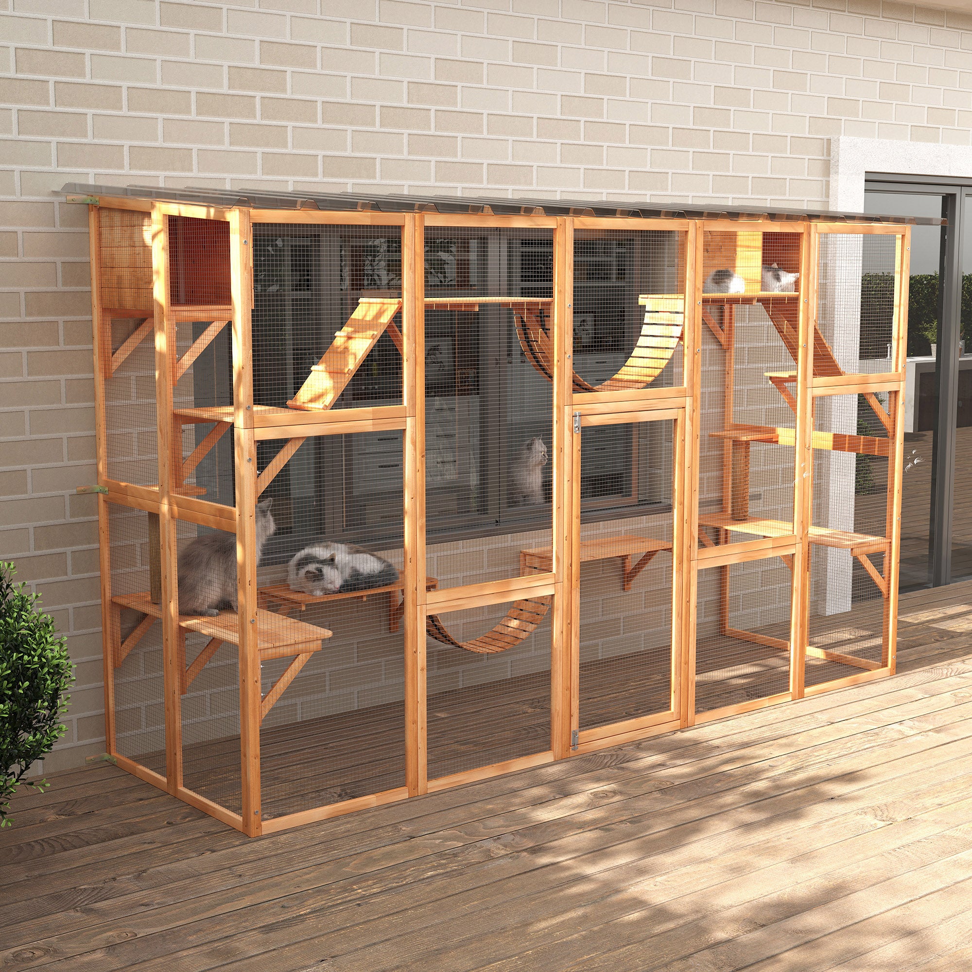 Catio, Large Outdoor Cat Enclosure with Cat Condos, Platforms, Ladders, Doors, Weather-Resistant Roof, Wooden Cat Cage for 1-4 Cats, Orange