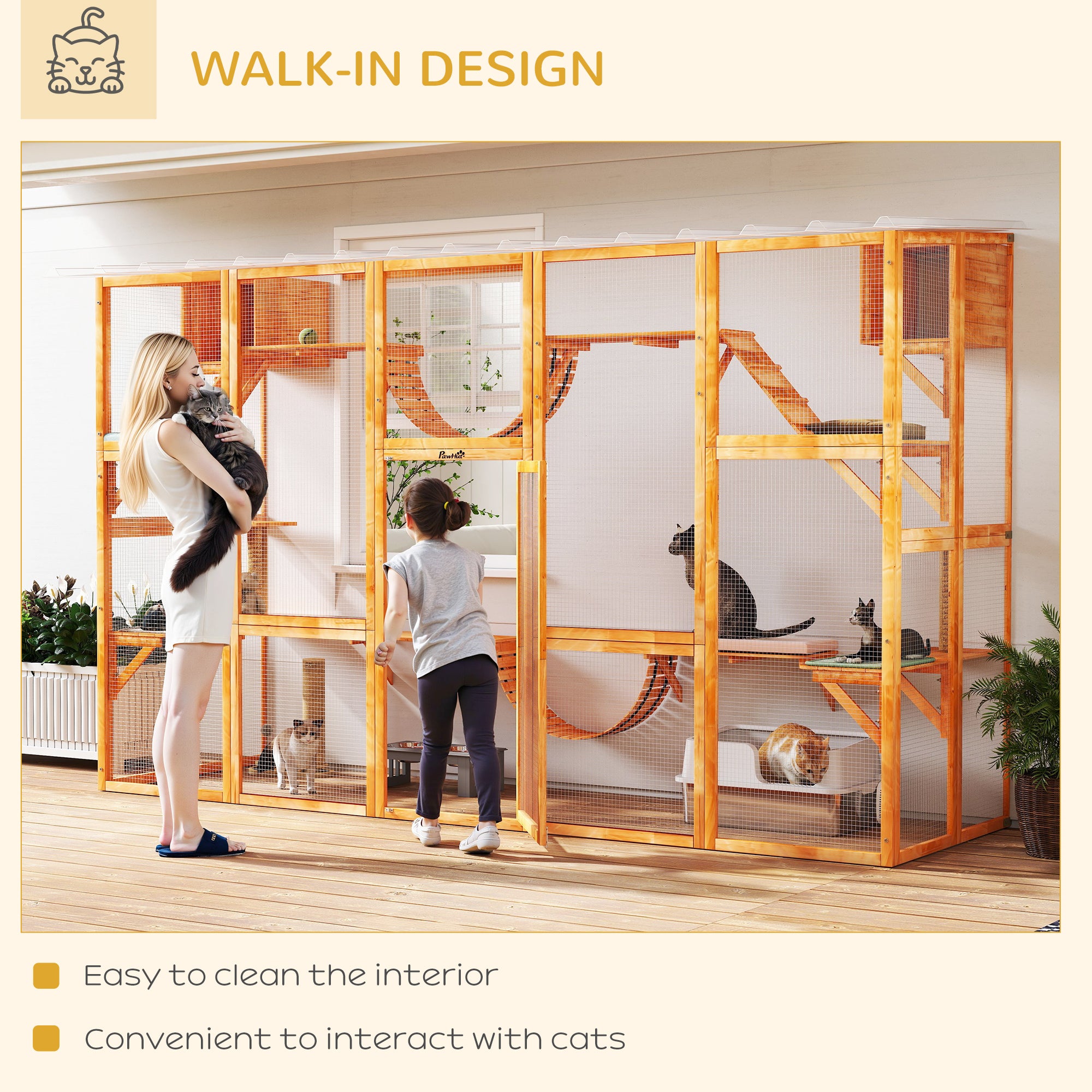 Catio, Large Outdoor Cat Enclosure with Cat Condos, Platforms, Ladders, Doors, Weather-Resistant Roof, Wooden Cat Cage for 1-4 Cats, Orange