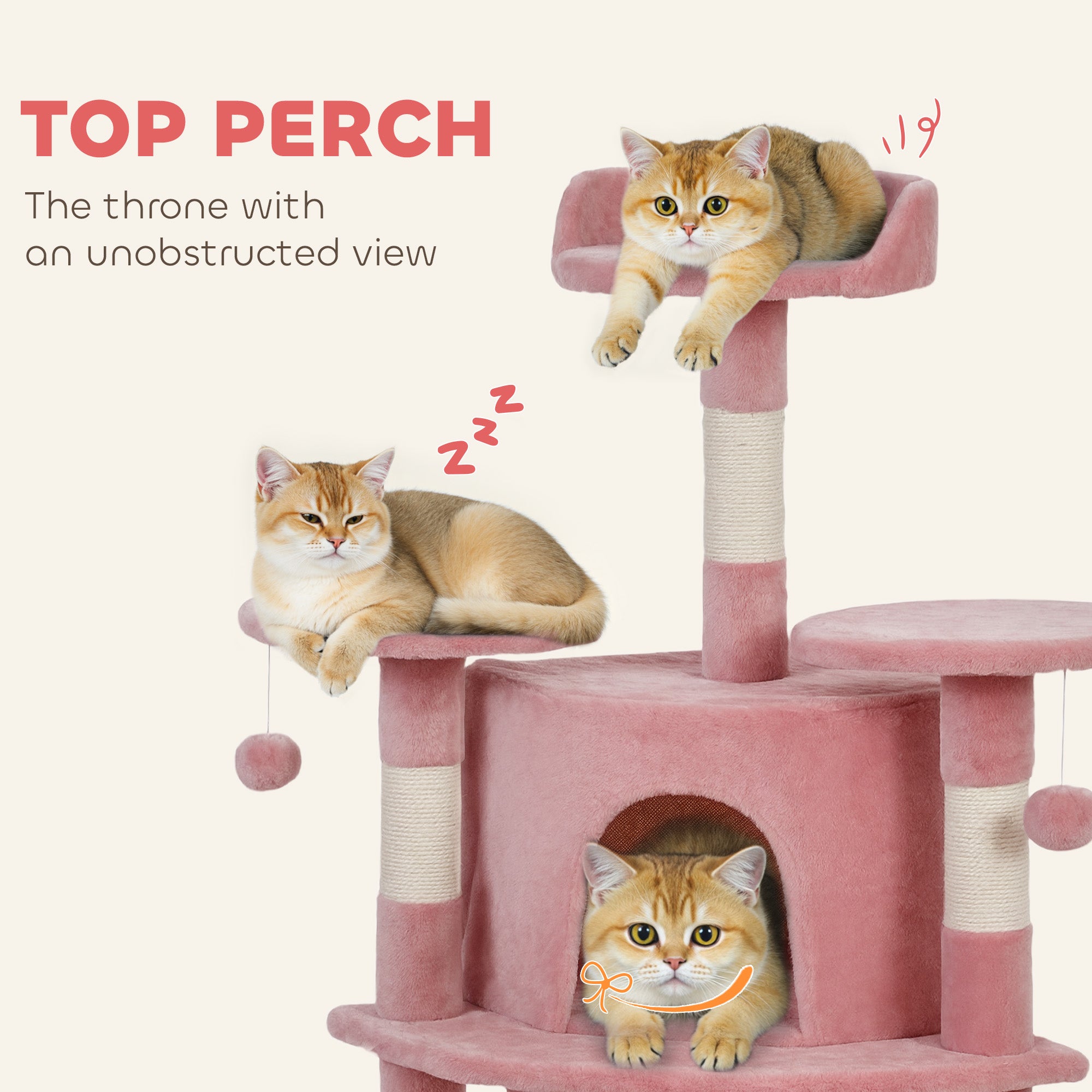 Cat Tree, 62" Multi-Level Cat Tower with Scratching Posts, 2 Condos, Hammock, Perches, Plush, Pompoms, for Indoor Kittens Playing, Resting, Sleeping, Pink