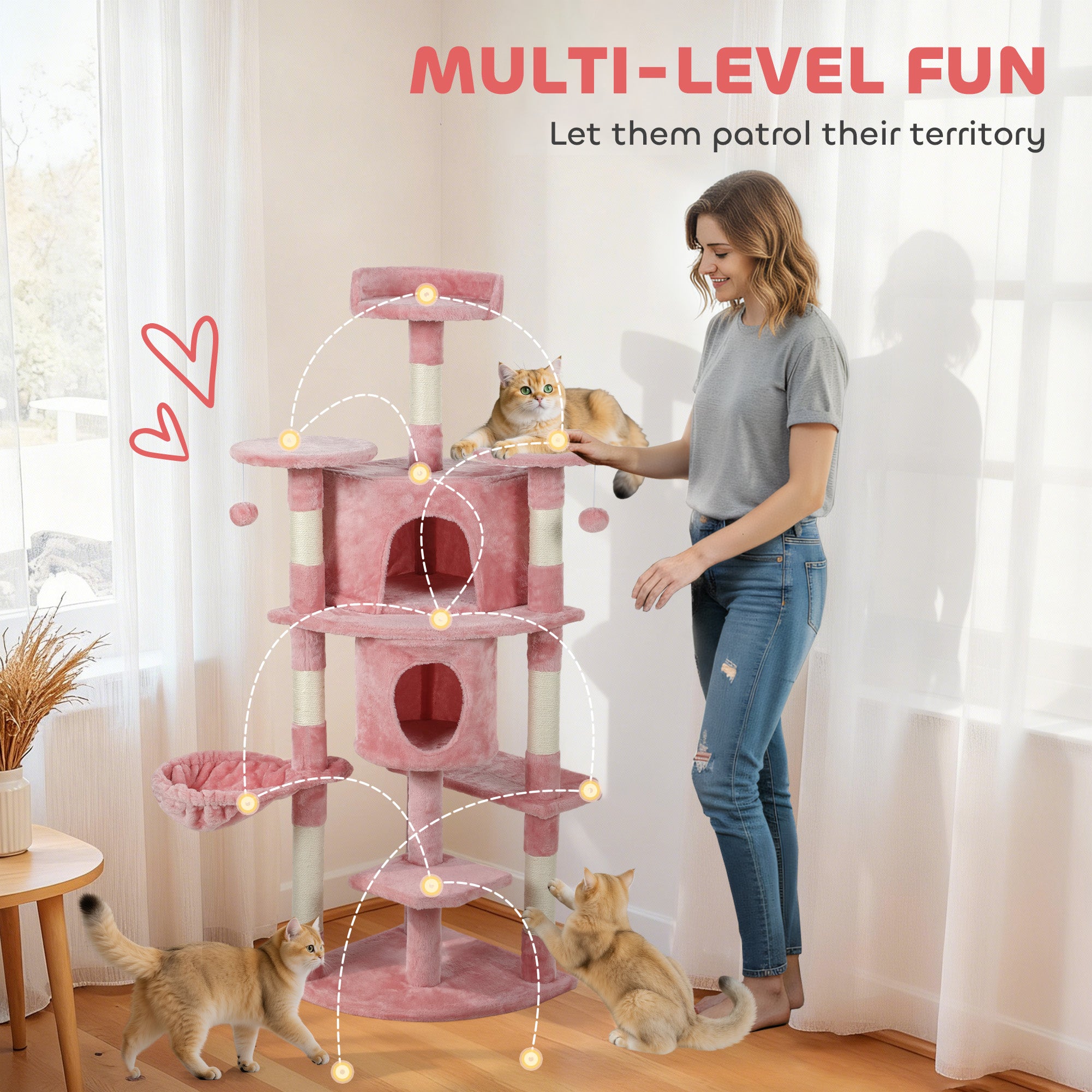 Cat Tree, 62" Multi-Level Cat Tower with Scratching Posts, 2 Condos, Hammock, Perches, Plush, Pompoms, for Indoor Kittens Playing, Resting, Sleeping, Pink