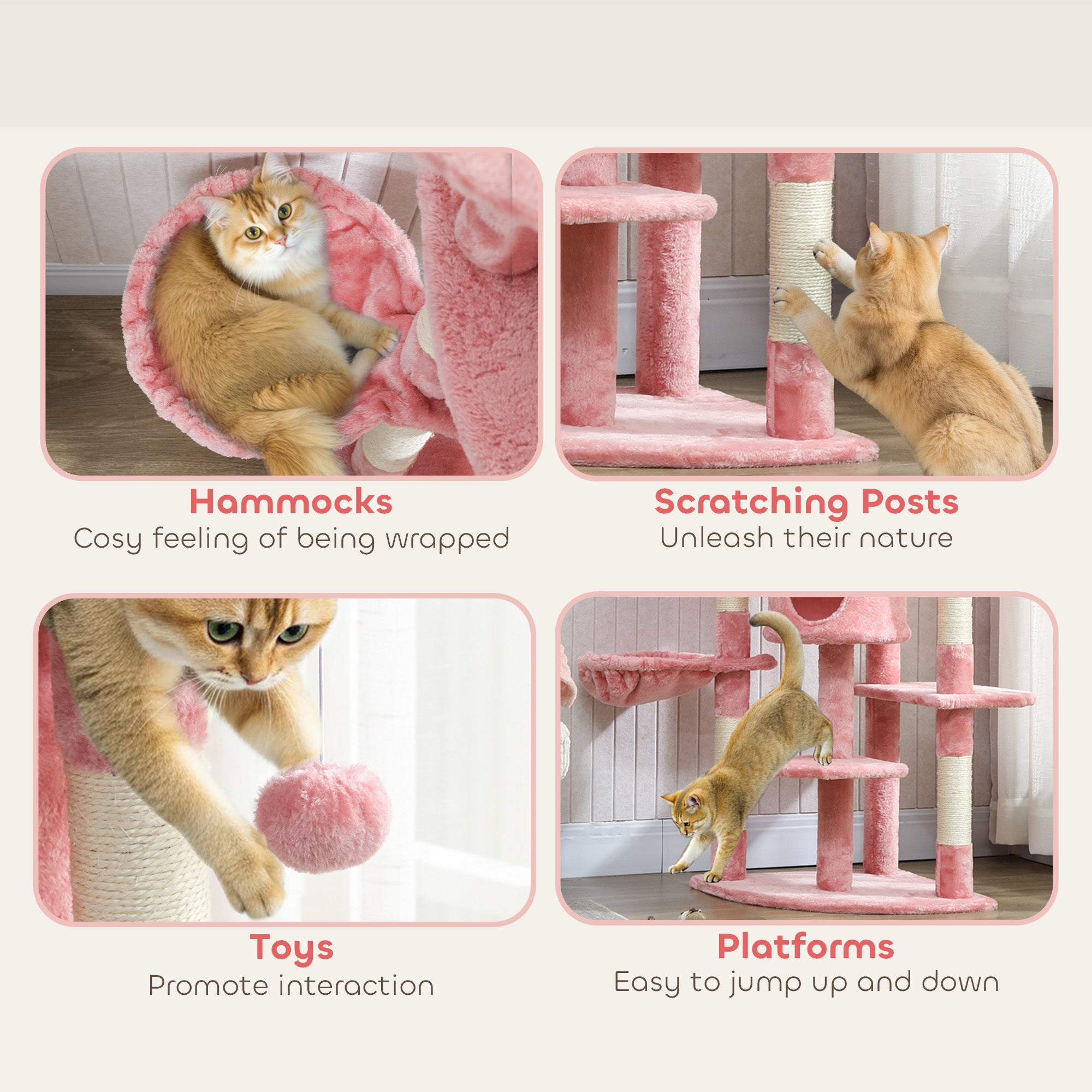 Cat Tree, 62" Multi-Level Cat Tower with Scratching Posts, 2 Condos, Hammock, Perches, Plush, Pompoms, for Indoor Kittens Playing, Resting, Sleeping, Pink