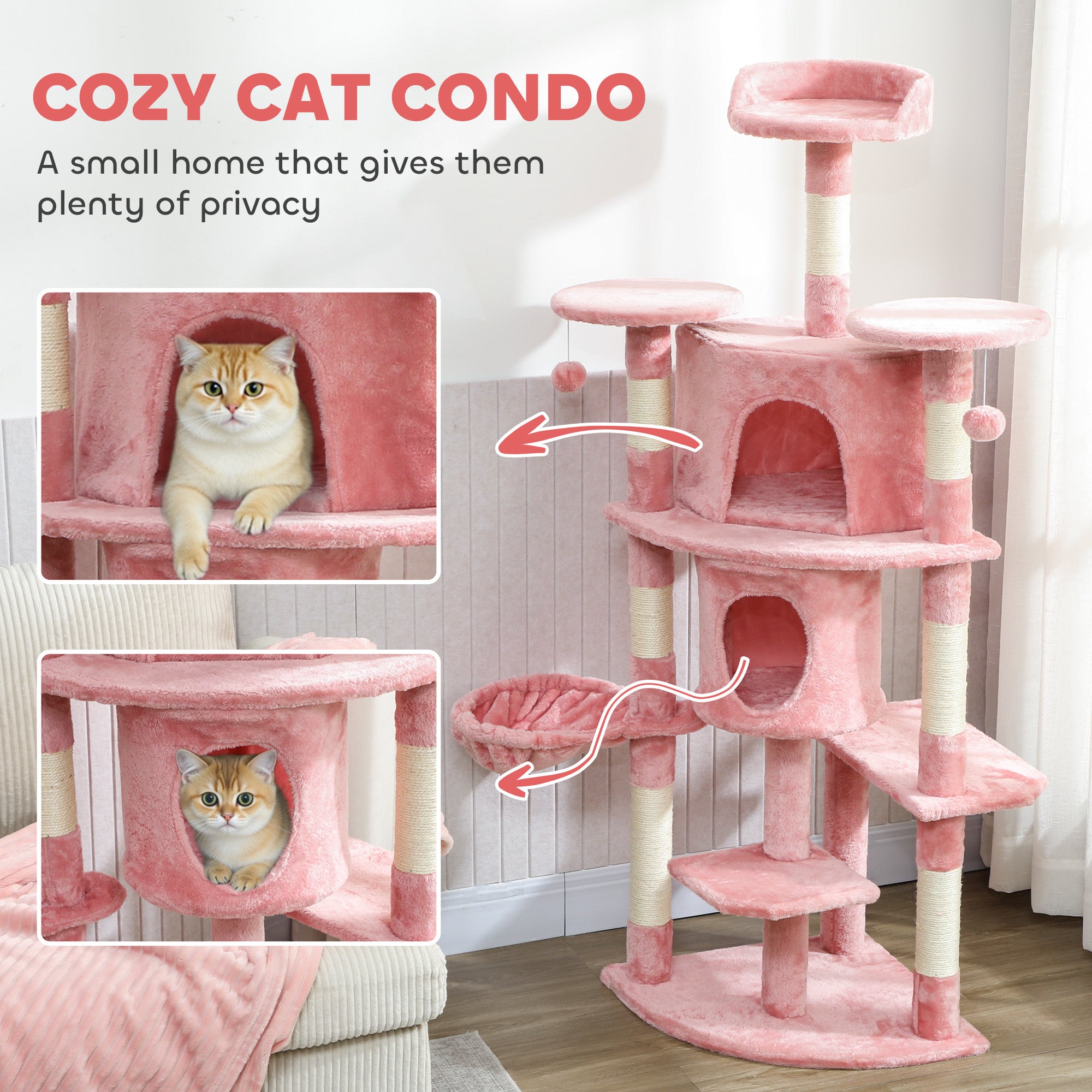Cat Tree, 62" Multi-Level Cat Tower with Scratching Posts, 2 Condos, Hammock, Perches, Plush, Pompoms, for Indoor Kittens Playing, Resting, Sleeping, Pink