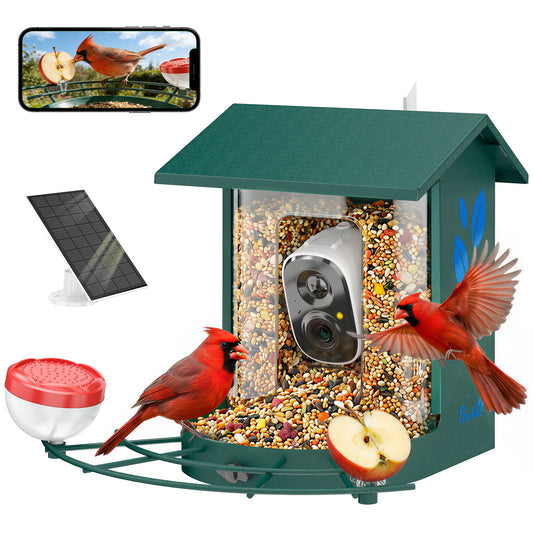 Bird Feeder with Camera, Smart Bird Feeder Camera AI Identifies 16,000+ Species, 2K HD Auto Capture Video, APP Instant Notifications, Hummingbird Feeding Add-ons, 3W Solar Panel, 32GB Card