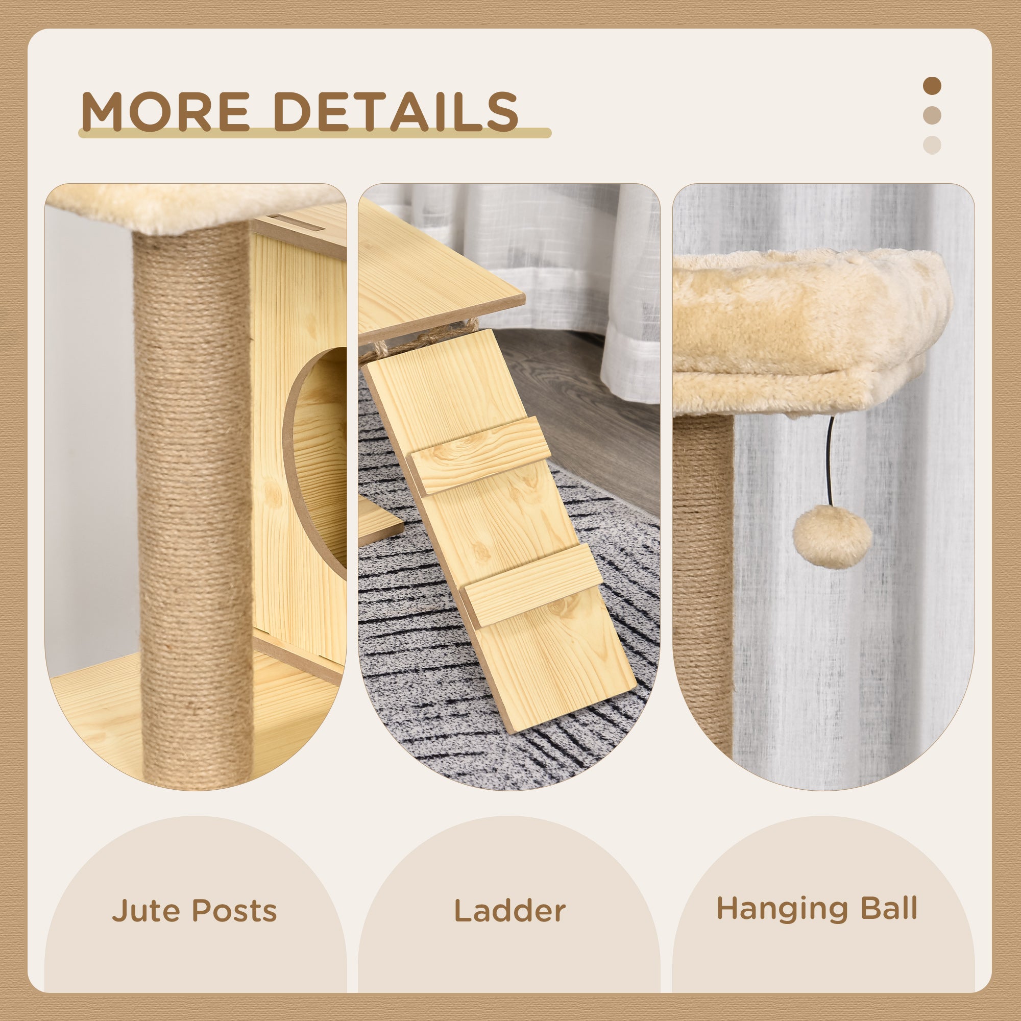 Wooden Cat Tree for Indoor Cats Climbing Tower for Large Cats with 5 Scratching Posts Hammock Toy Ball 130cm