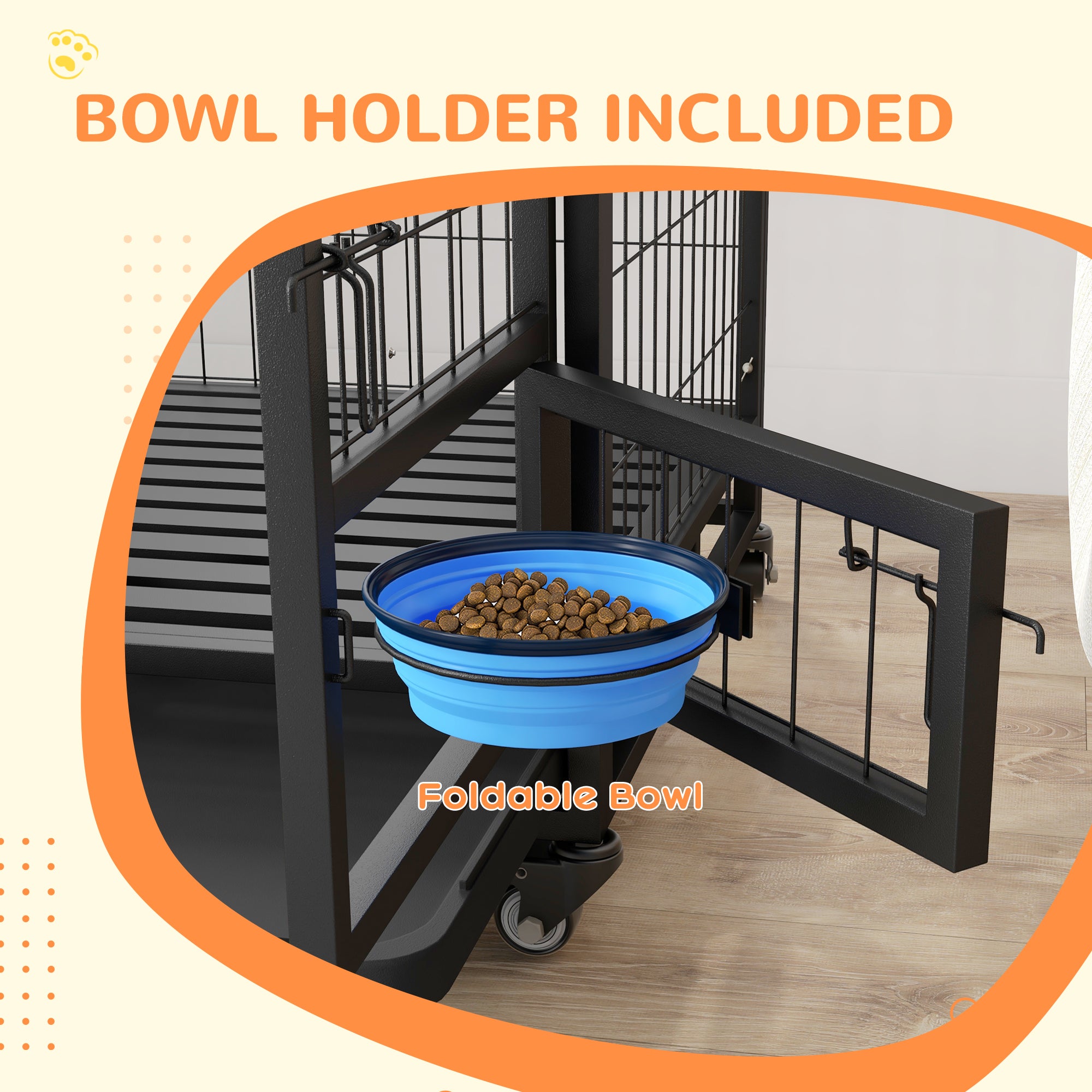 36" Heavy Duty Dog Crate with Bowl Holder, Dog Cage on Wheels with Removable Tray, Openable Top, Detachable Door, Indoor Outdoor Use, for Medium and Large Dogs - Black
