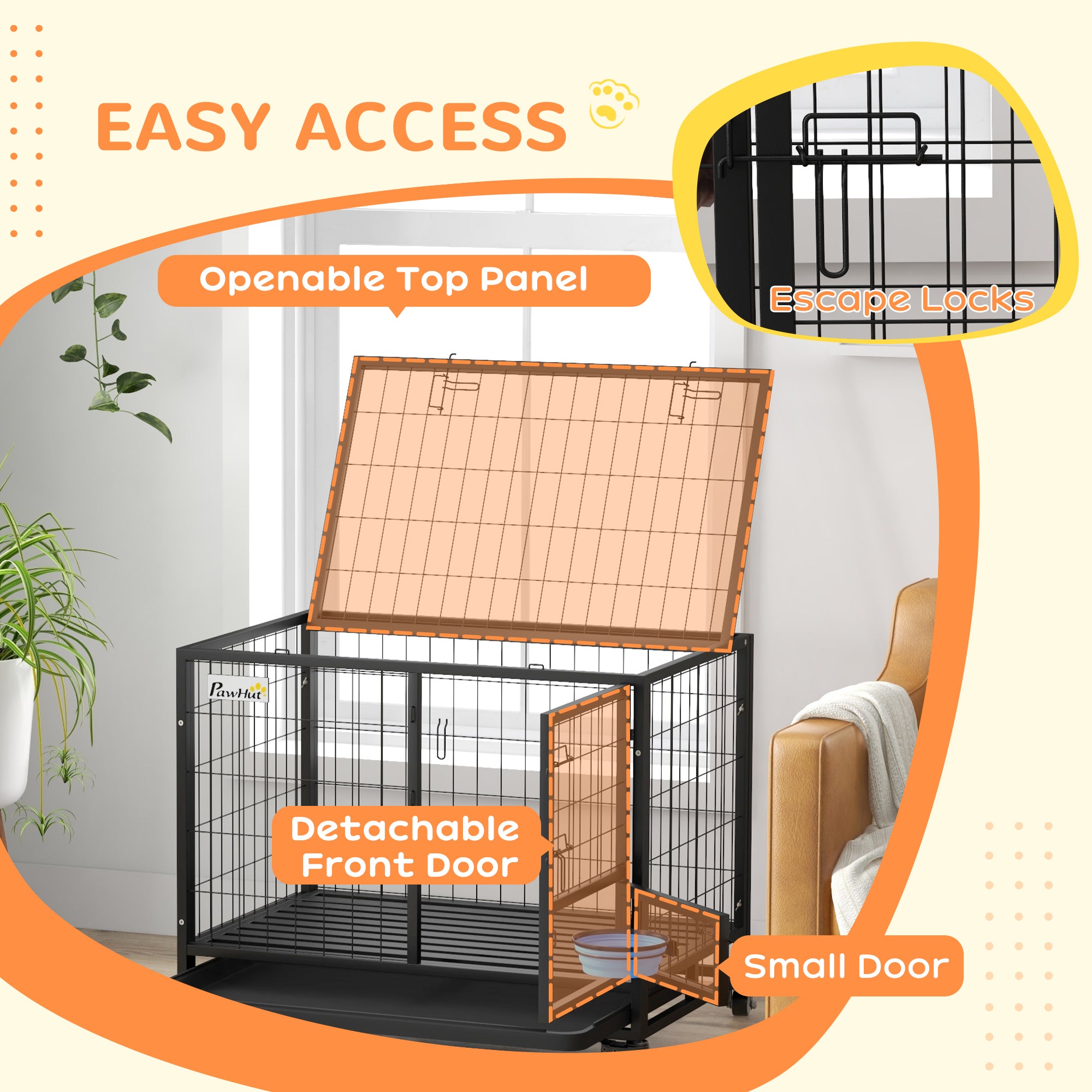 36" Heavy Duty Dog Crate with Bowl Holder, Dog Cage on Wheels with Removable Tray, Openable Top, Detachable Door, Indoor Outdoor Use, for Medium and Large Dogs - Black
