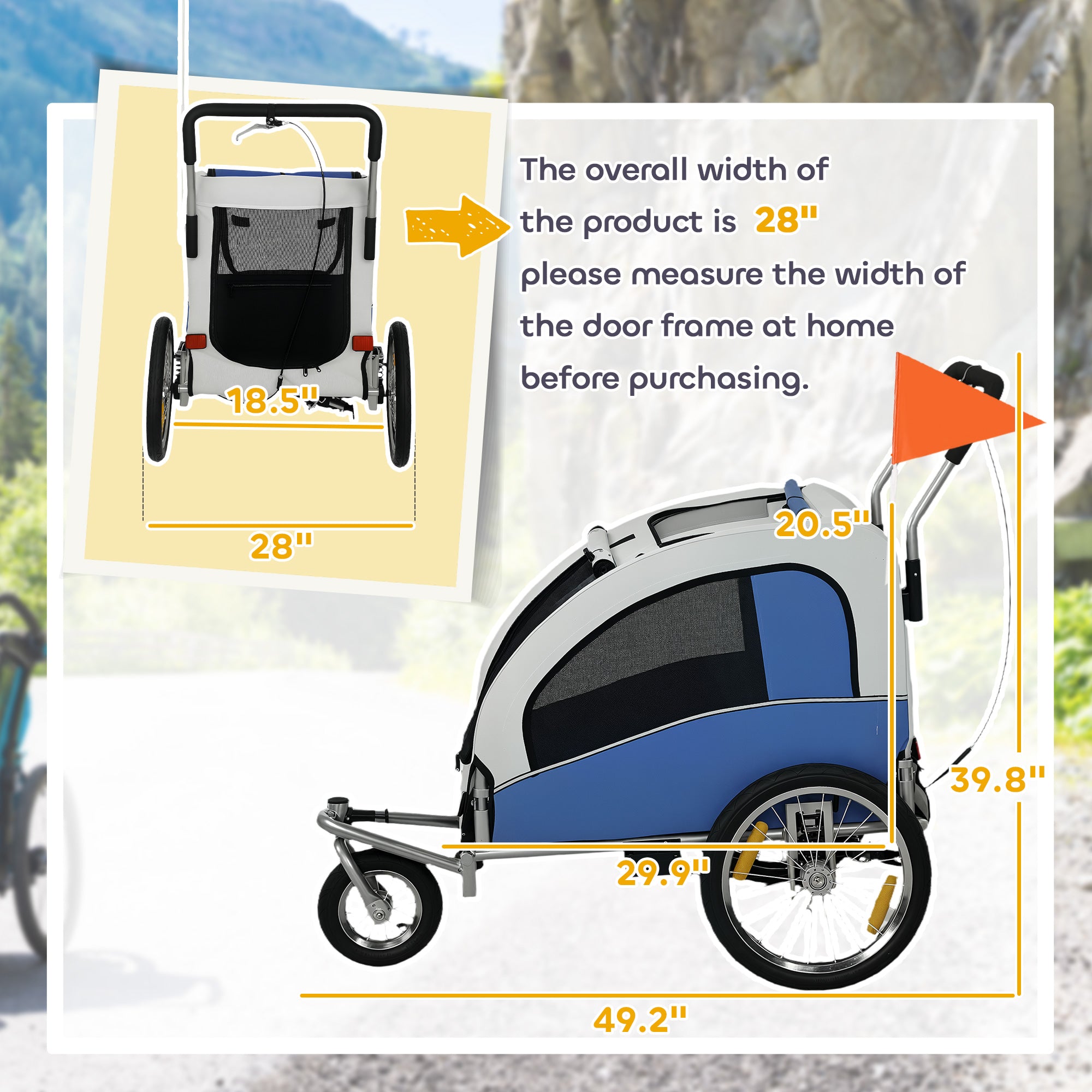 Dog Bike Trailer, 2-in-1 Pet Stroller Cart Bicycle Carrier, Folding Cart Frame with Suspension, Universal Bicycle Coupler, Reflectors, Flag, for Medium Dogs Up to 44 LBS, Light Gray
