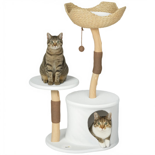 Modern Real Wood Cat Tree, [40"=102CM] Cat Tree for Indoor Large Adult Kittens, Cat Tower with Sisal Scratching Posts, Condo, Perch, Plush Washable Cushion, White
