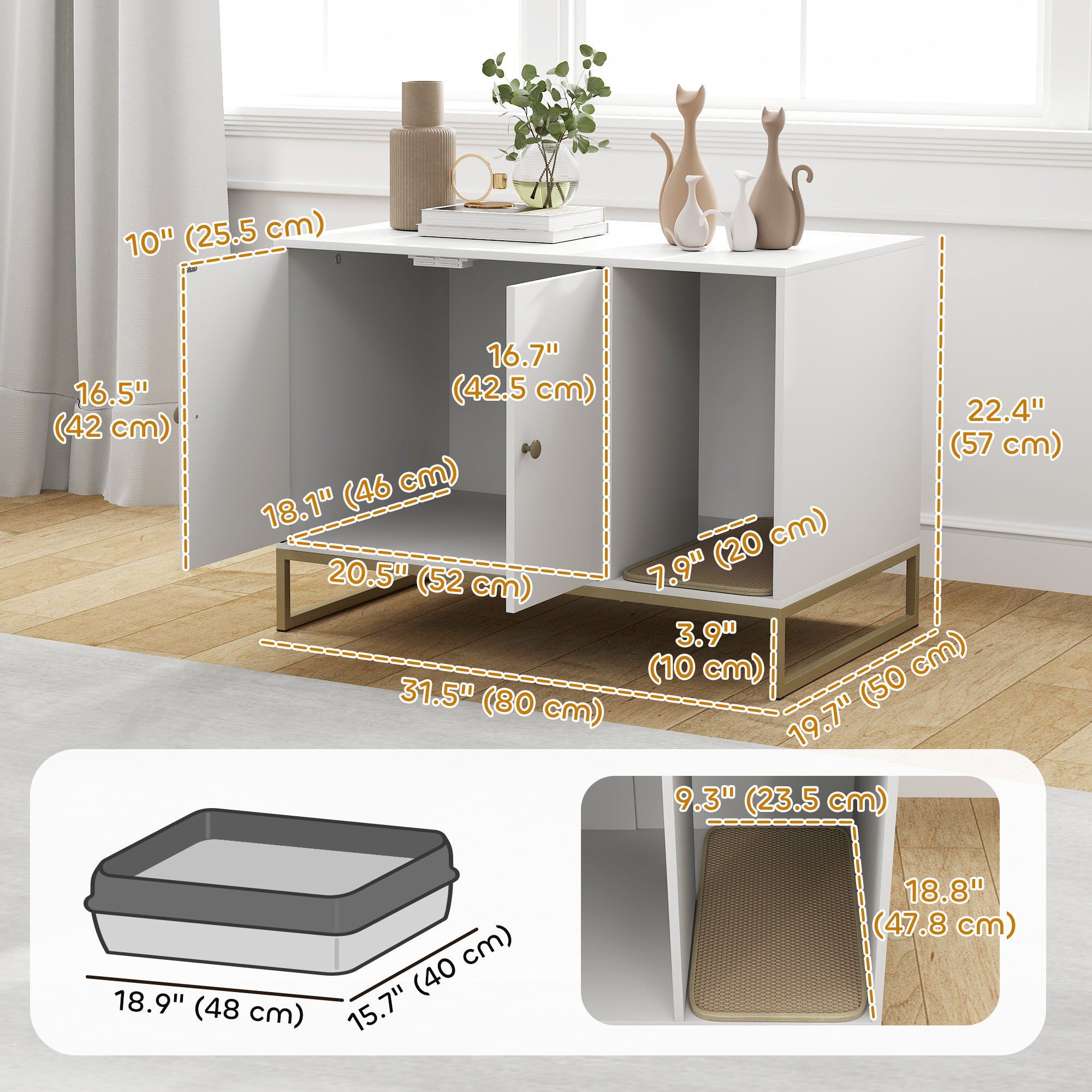 Cat Litter Box Enclosure, Hidden Litter Box Furniture with Litter Mat, Tall Legs, Cat House Washroom, Side Table, 31.5" x 20" x 22", White