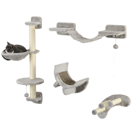 4Pcs Cat Wall Shelf with Scratching Post, Cat Wall Shelves for Relaxing, Climbing, Cat Wall With Soft Ladder, Hammock, Play Balls, Grey