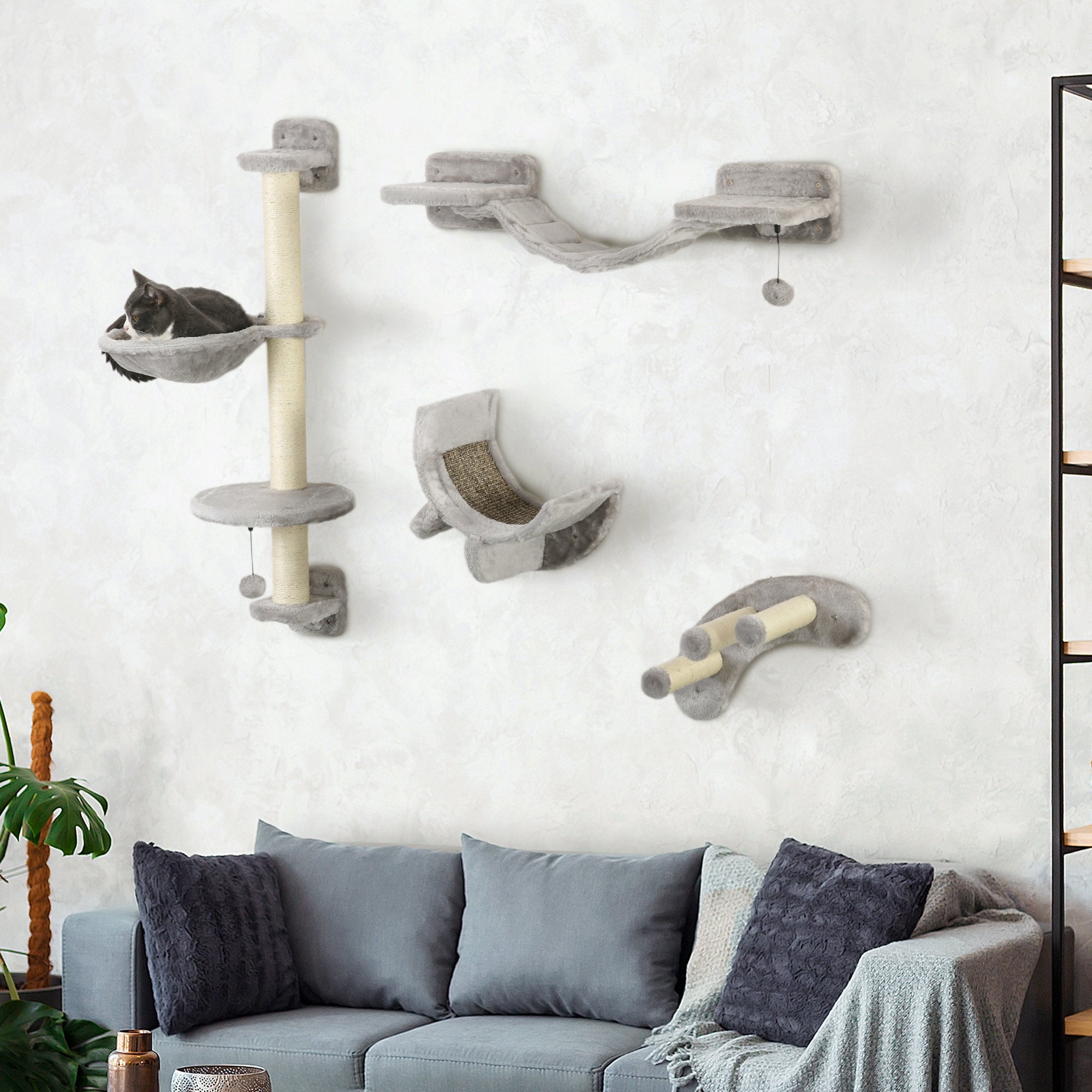 4Pcs Cat Wall Shelf with Scratching Post, Cat Wall Shelves for Relaxing, Climbing, Cat Wall With Soft Ladder, Hammock, Play Balls, Grey