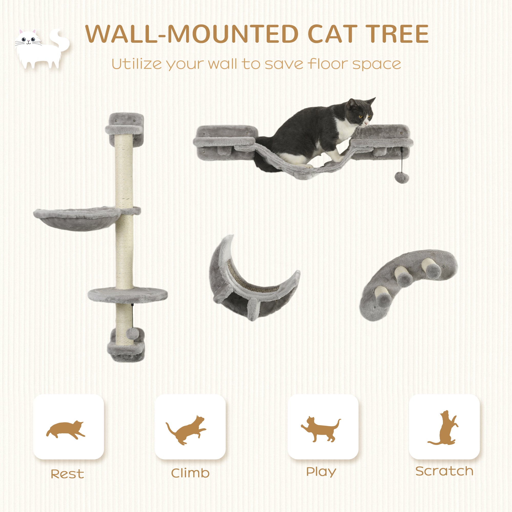 4Pcs Cat Wall Shelf with Scratching Post, Cat Wall Shelves for Relaxing, Climbing, Cat Wall With Soft Ladder, Hammock, Play Balls, Grey