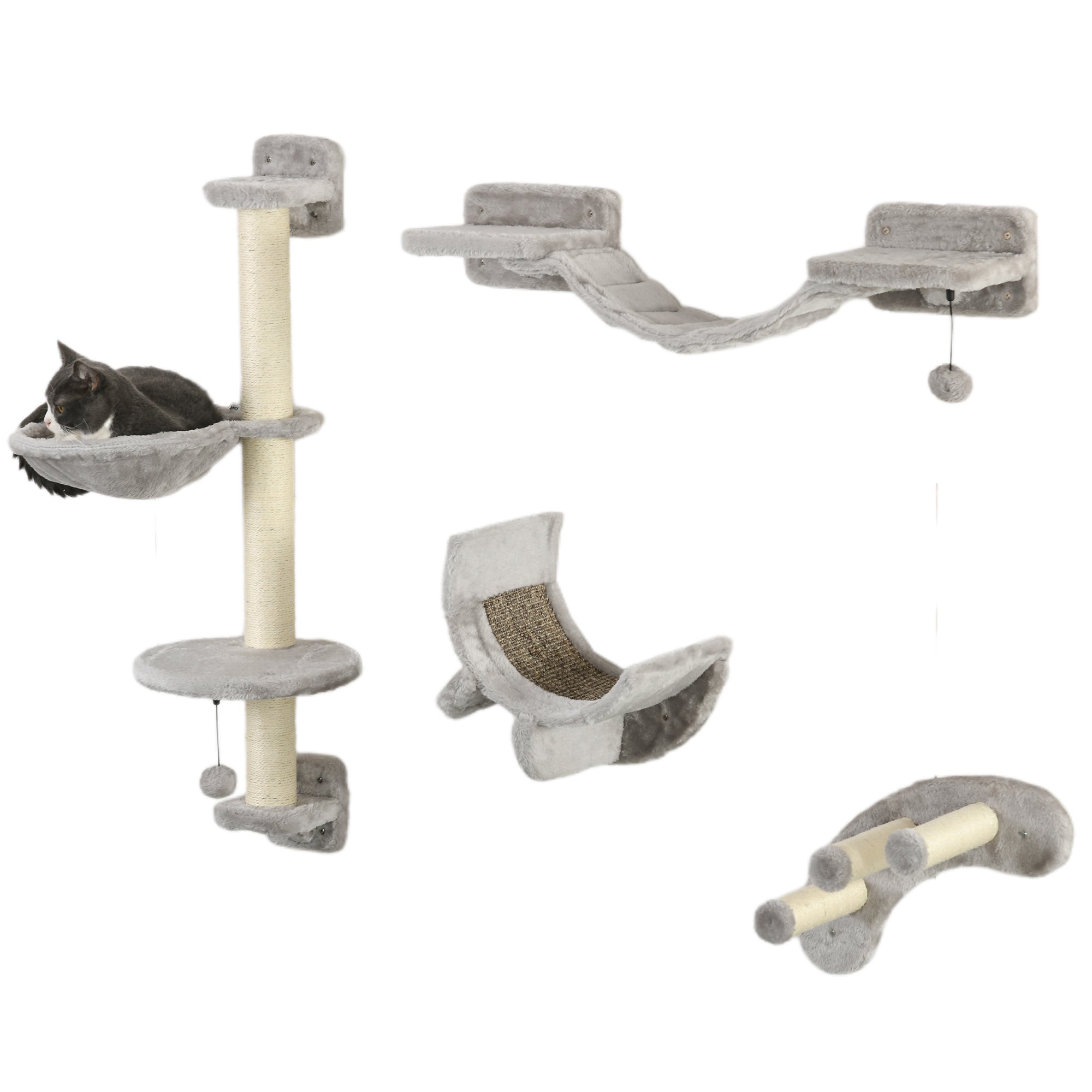 4Pcs Cat Wall Shelf with Scratching Post, Cat Wall Shelves for Relaxing, Climbing, Cat Wall With Soft Ladder, Hammock, Play Balls, Grey