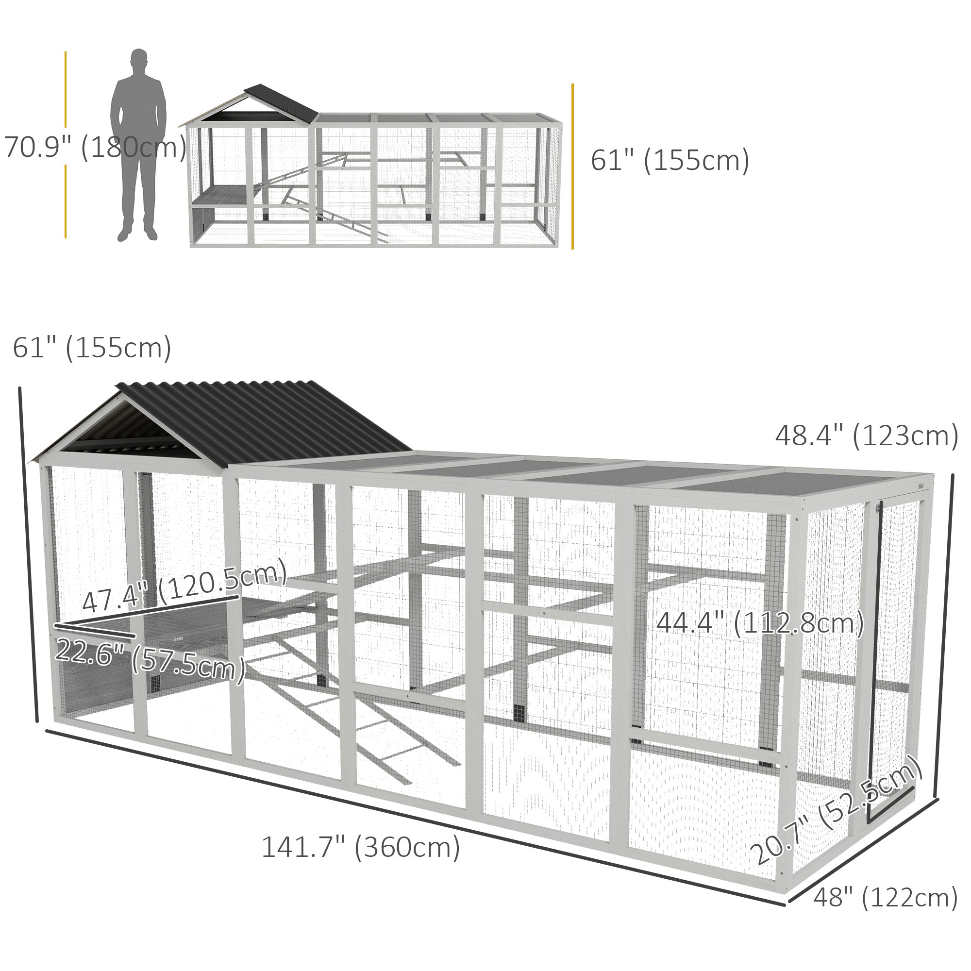 Outdoor Wooden Chicken Coop with Run, Ramps, Perches, Storage, Backyard Hen House with Combinable Design for 6 - 10 Chickens, 142" x 48" x 61", Grey