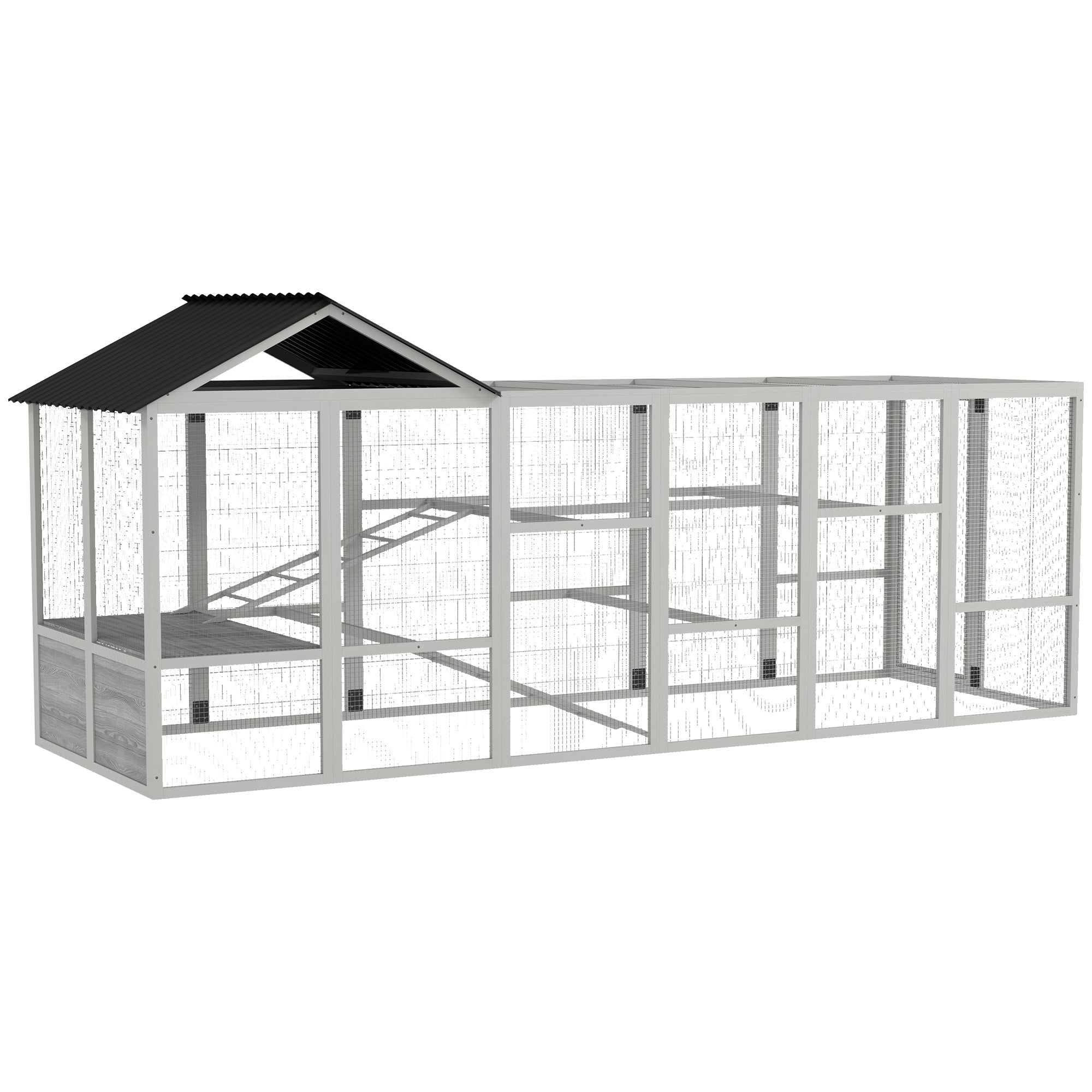 Wooden Chicken Coop Run for 6-10 Chickens, Hen House, Poultry Cage Add-On with Storage, Perches, 141.75" x 48" x 61", Gray