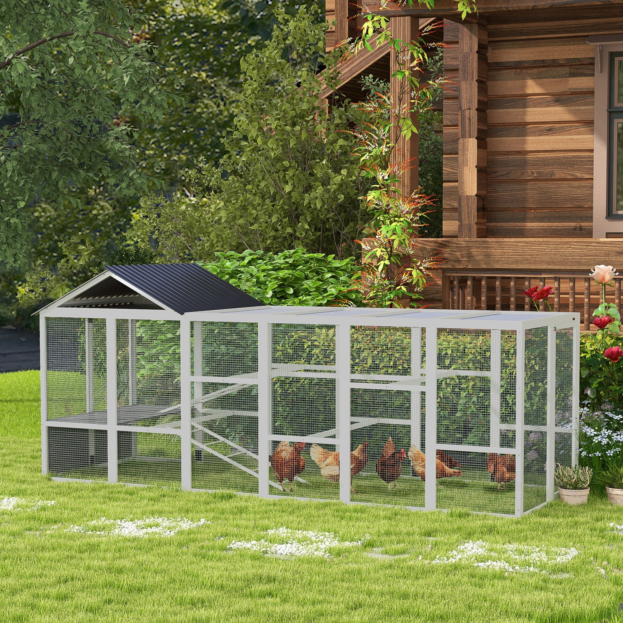 Outdoor Wooden Chicken Coop with Run, Ramps, Perches, Storage, Backyard Hen House with Combinable Design for 6 - 10 Chickens, 142" x 48" x 61", Grey
