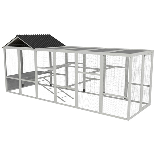 Outdoor Wooden Chicken Coop with Run, Ramps, Perches, Storage, Backyard Hen House with Combinable Design for 6 - 10 Chickens, 142" x 48" x 61", Grey
